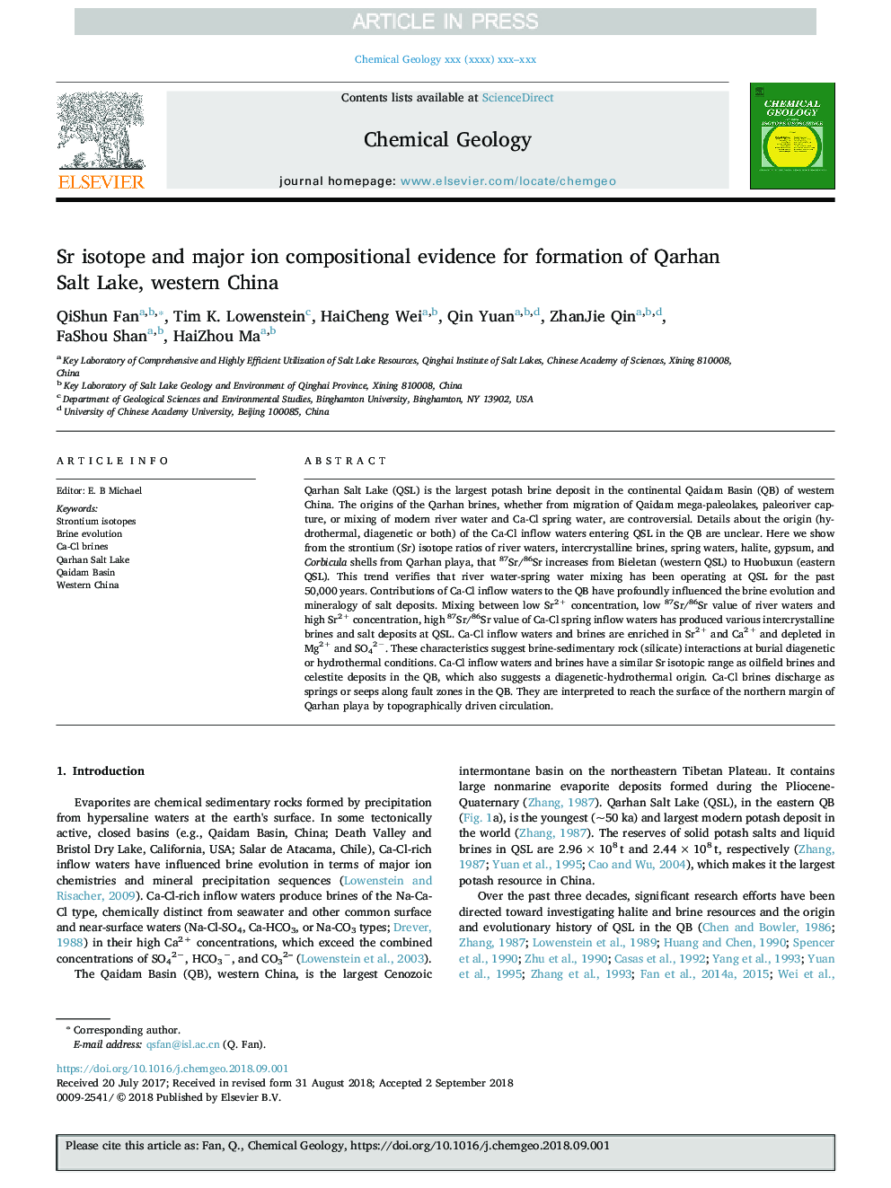 Sr isotope and major ion compositional evidence for formation of Qarhan Salt Lake, western China