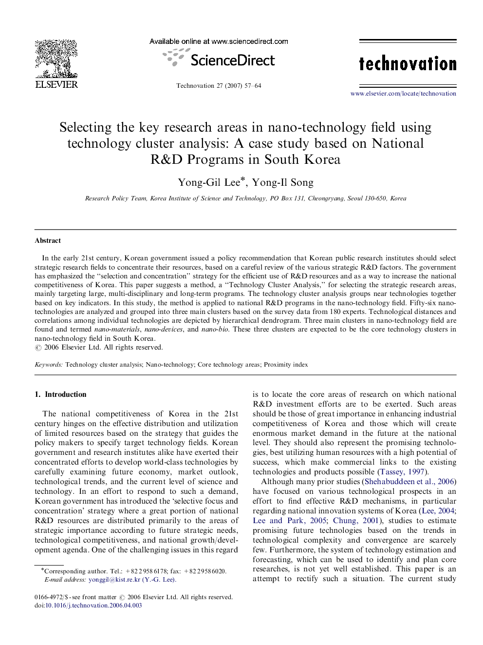 Selecting the key research areas in nano-technology field using technology cluster analysis: A case study based on National R&D Programs in South Korea