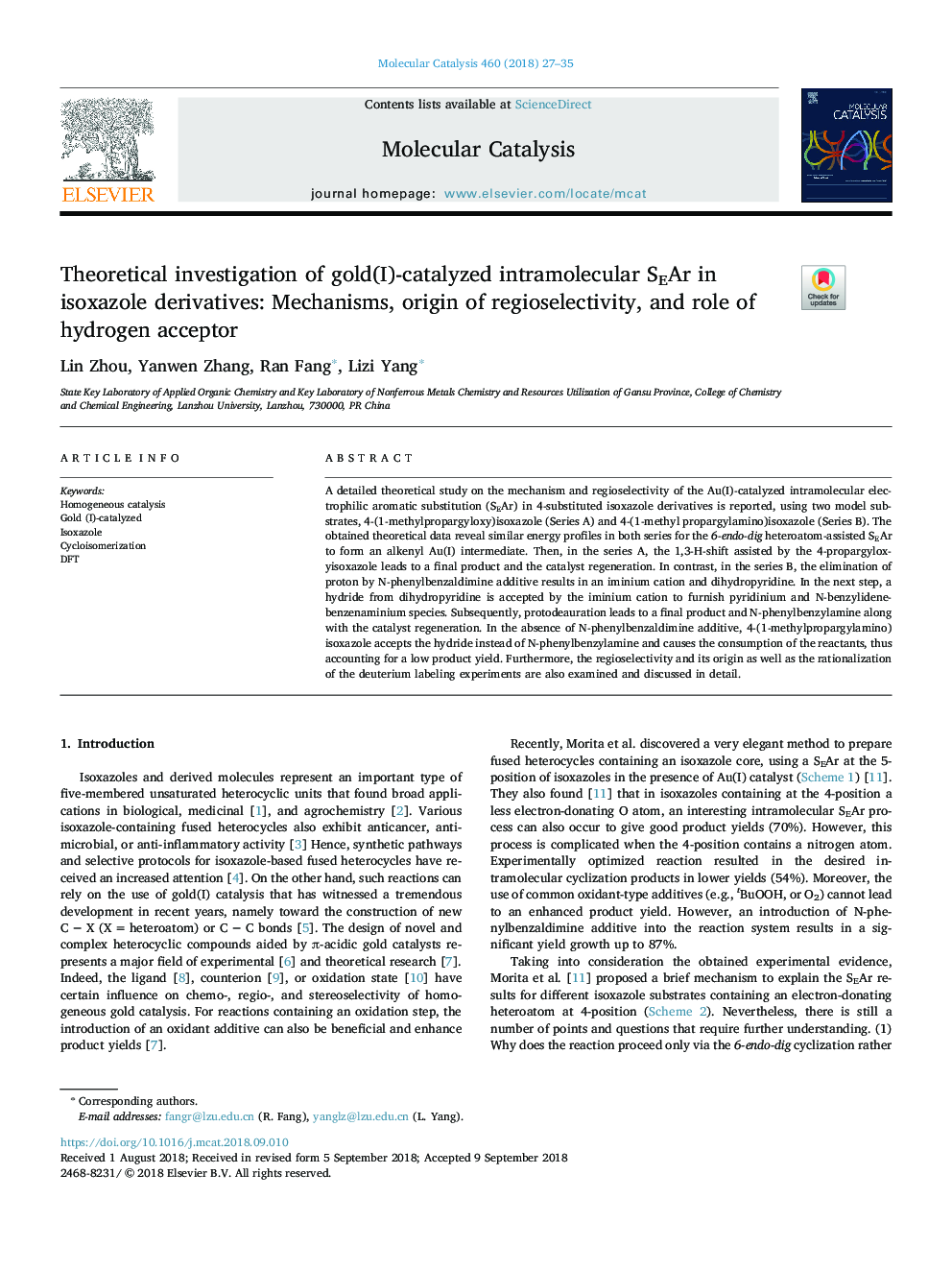 Theoretical investigation of gold(I)-catalyzed intramolecular SEAr in isoxazole derivatives: Mechanisms, origin of regioselectivity, and role of hydrogen acceptor