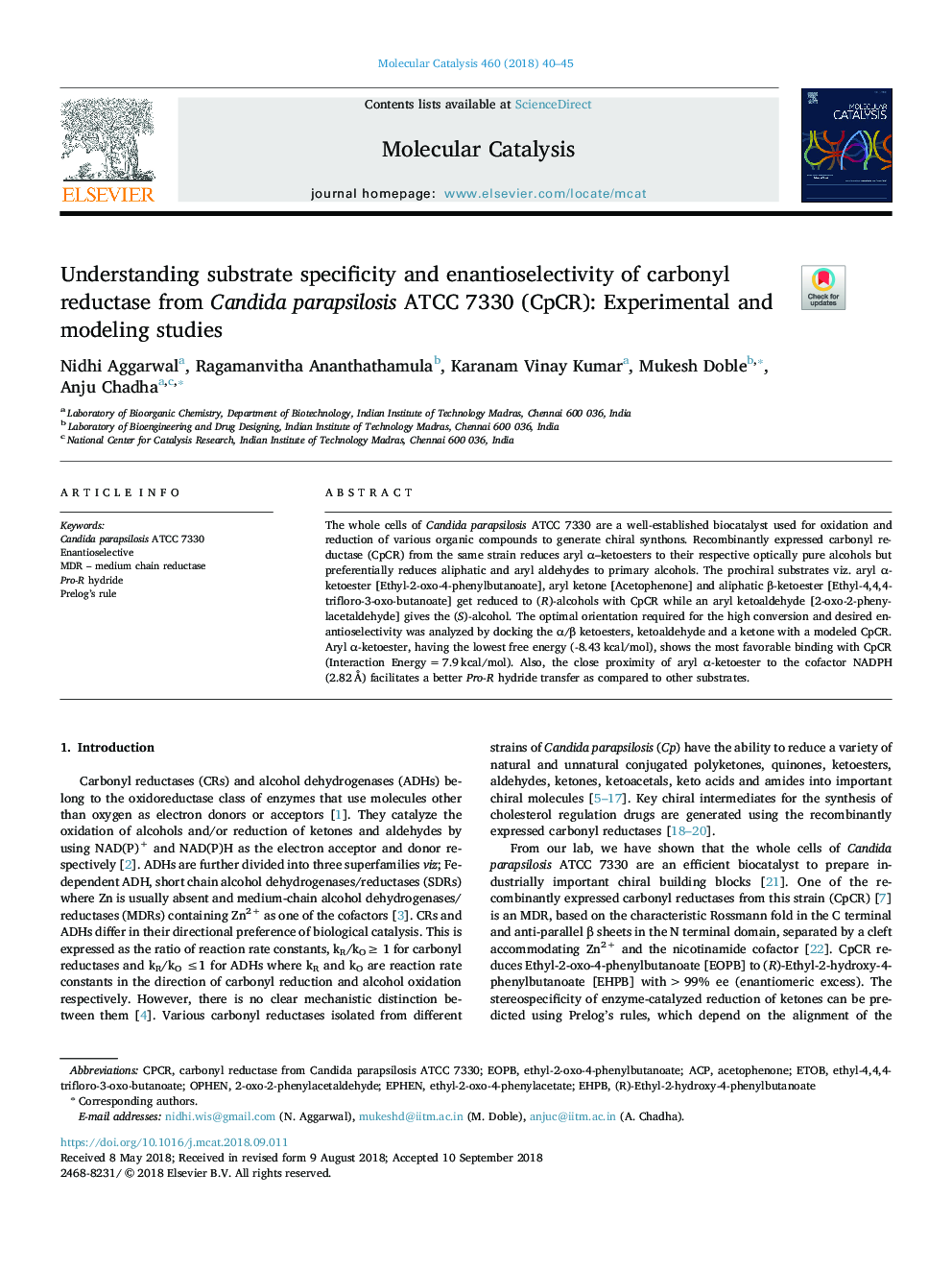 Understanding substrate specificity and enantioselectivity of carbonyl reductase from Candida parapsilosis ATCC 7330 (CpCR): Experimental and modeling studies