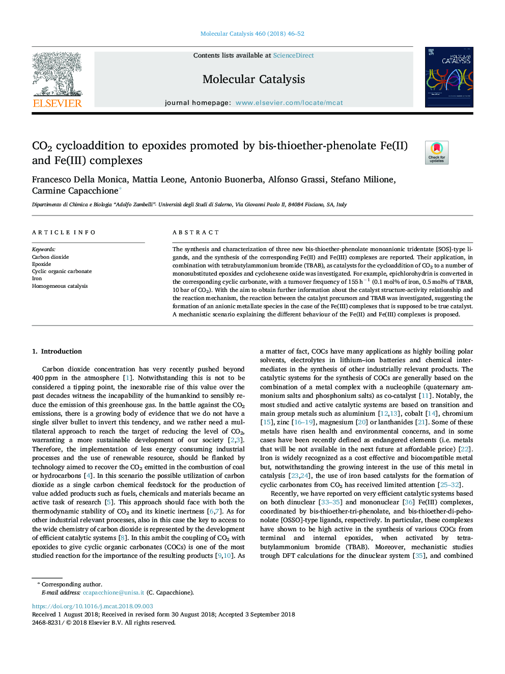 CO2 cycloaddition to epoxides promoted by bis-thioether-phenolate Fe(II) and Fe(III) complexes