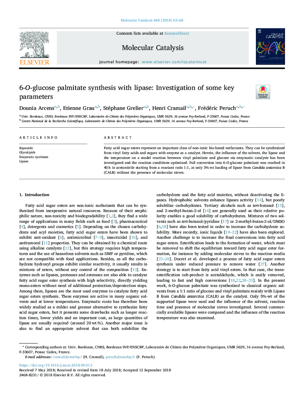 6-O-glucose palmitate synthesis with lipase: Investigation of some key parameters