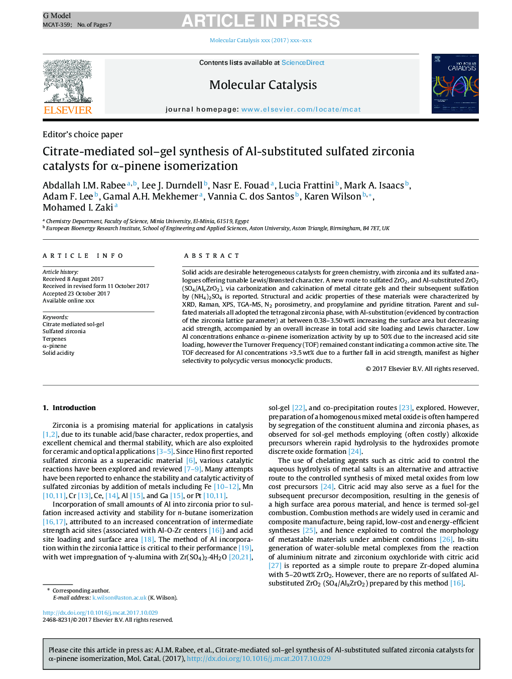 Citrate-mediated sol-gel synthesis of Al-substituted sulfated zirconia catalysts for Î±-pinene isomerization