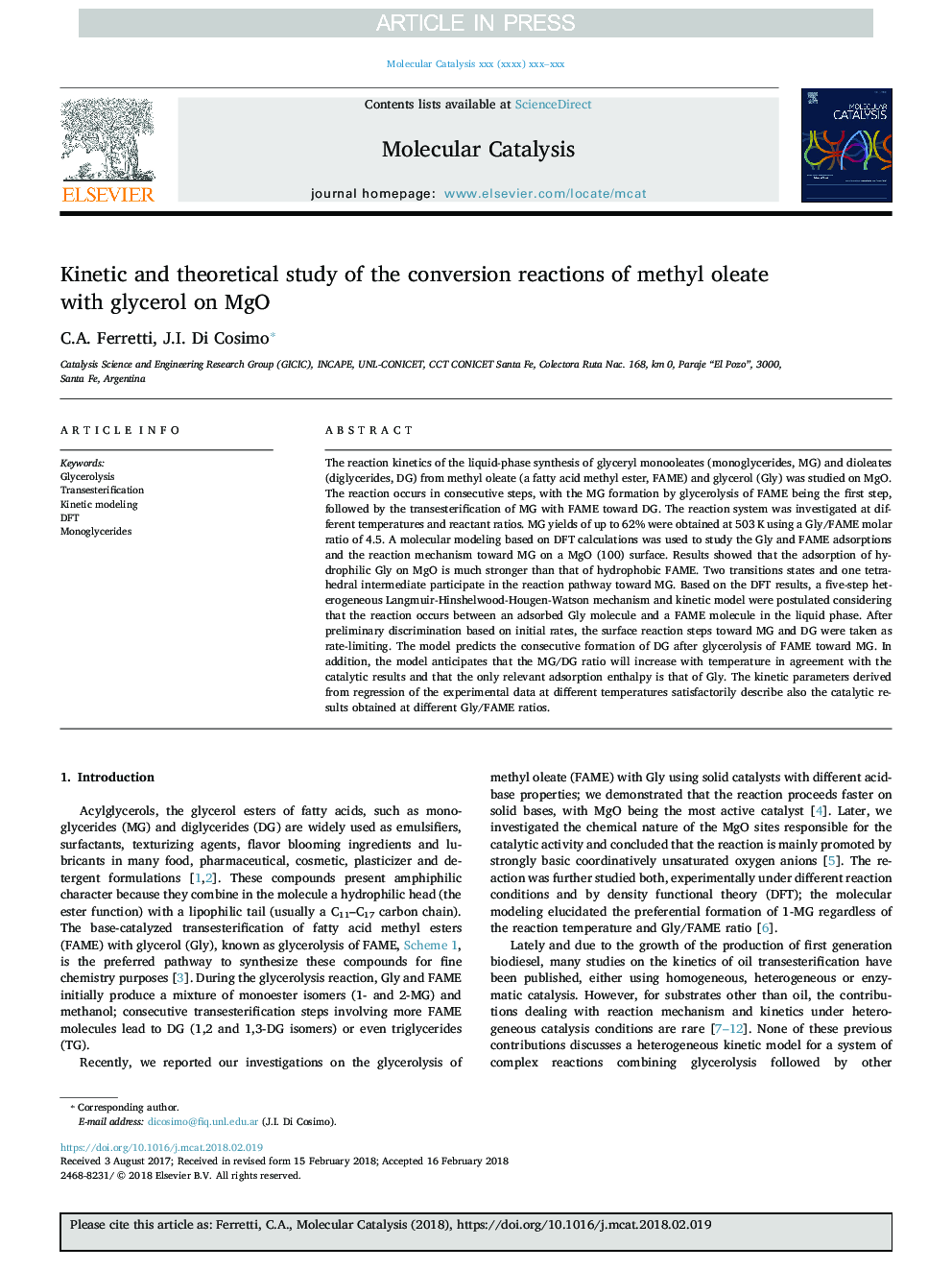 Kinetic and theoretical study of the conversion reactions of methyl oleate with glycerol on MgO