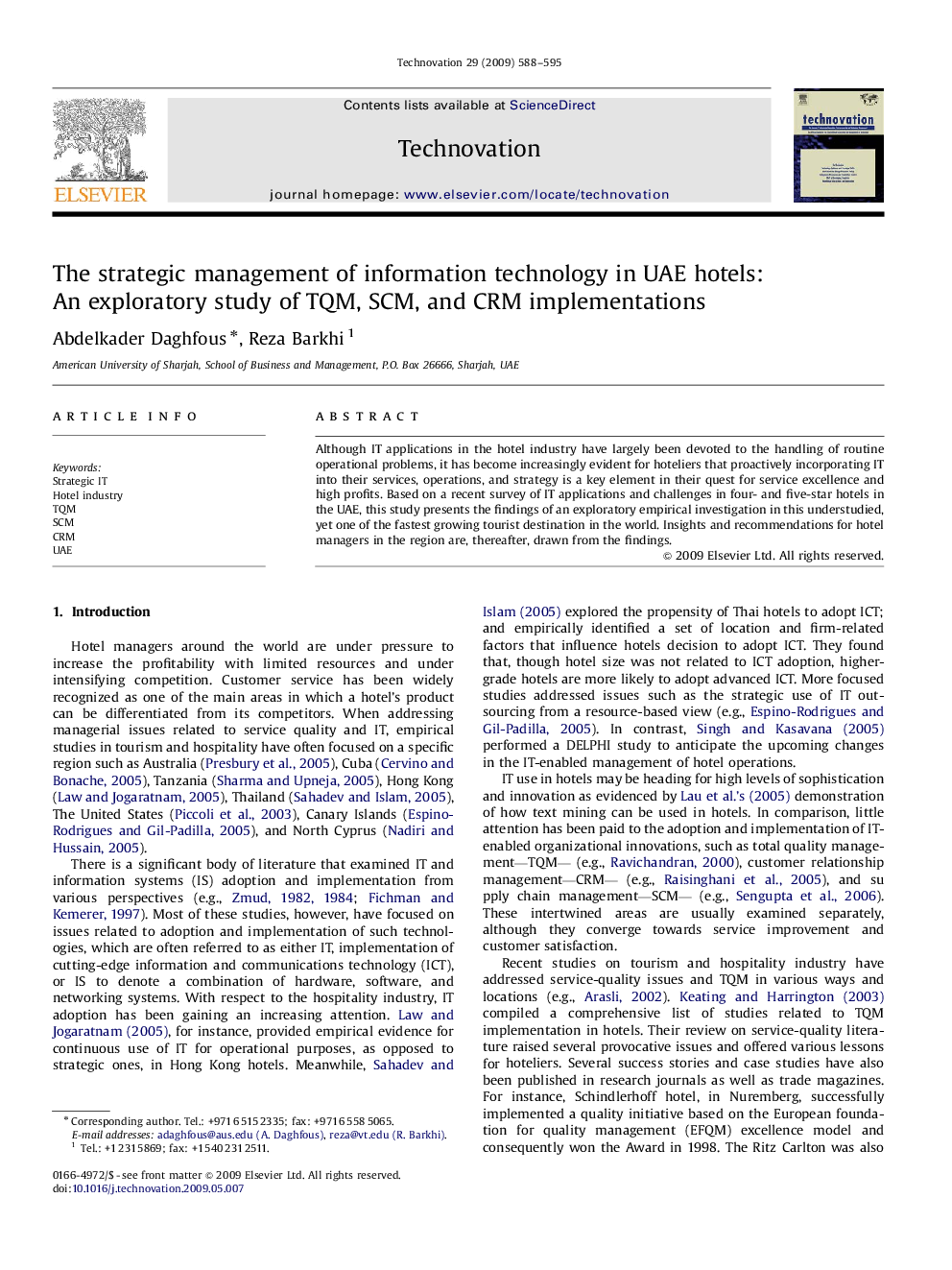 The strategic management of information technology in UAE hotels: An exploratory study of TQM, SCM, and CRM implementations