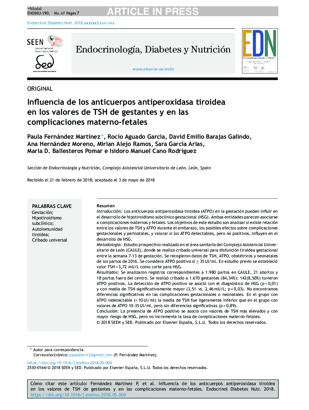 Influencia de los anticuerpos antiperoxidasa tiroidea en los valores de TSH de gestantes y en las complicaciones materno-fetales