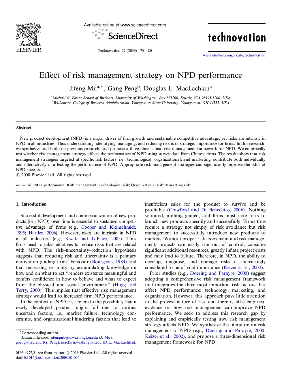 Effect of risk management strategy on NPD performance