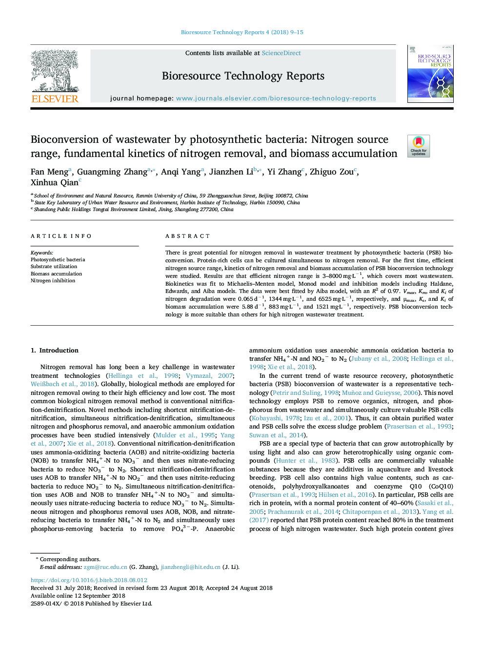 Bioconversion of wastewater by photosynthetic bacteria: Nitrogen source range, fundamental kinetics of nitrogen removal, and biomass accumulation