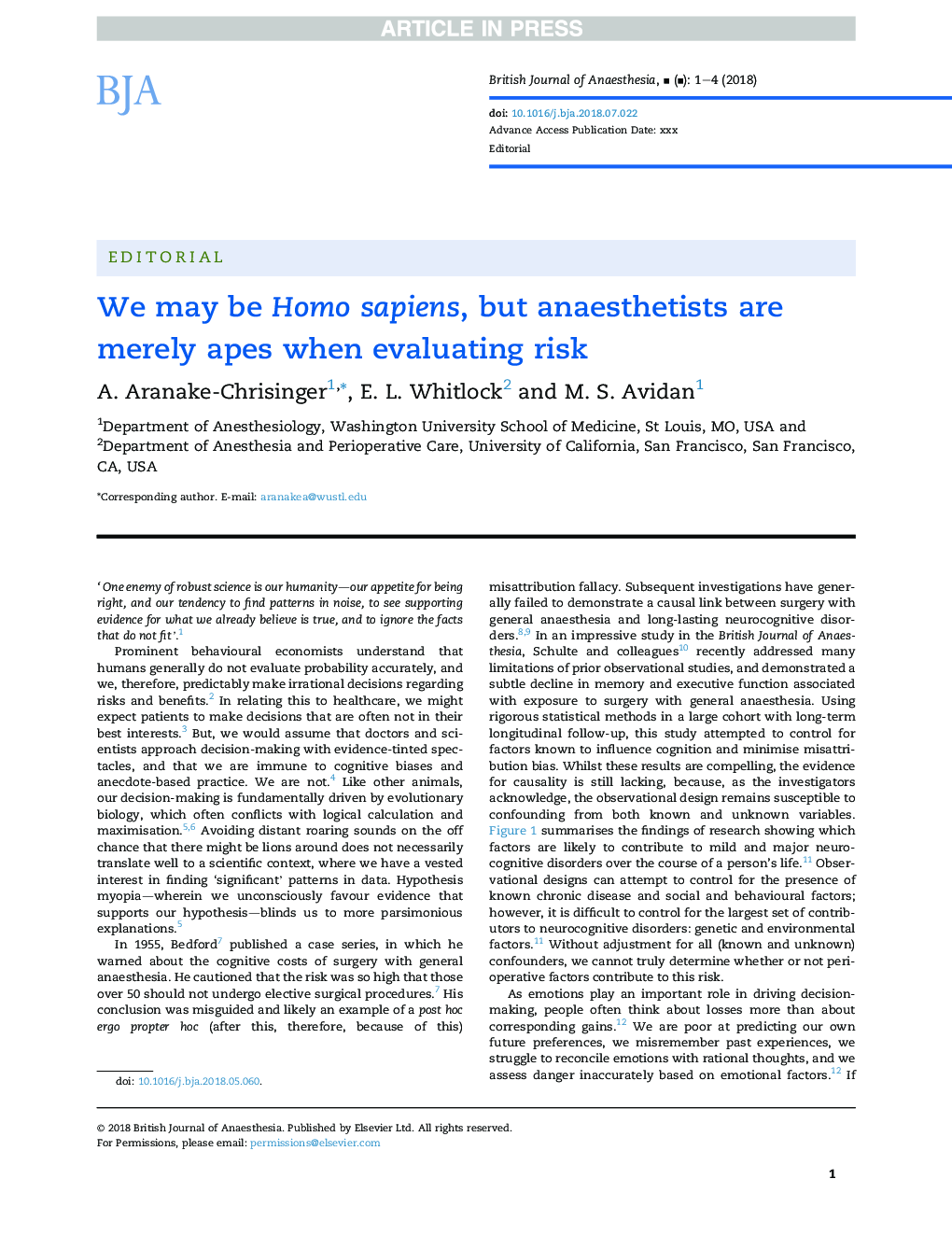 عکس صفحه اول مقاله: We may be Homo sapiens, but anaesthetists are merely apes when evaluating risk We may be Homo sapiens, but anaesthetists are merely apes when evaluating risk