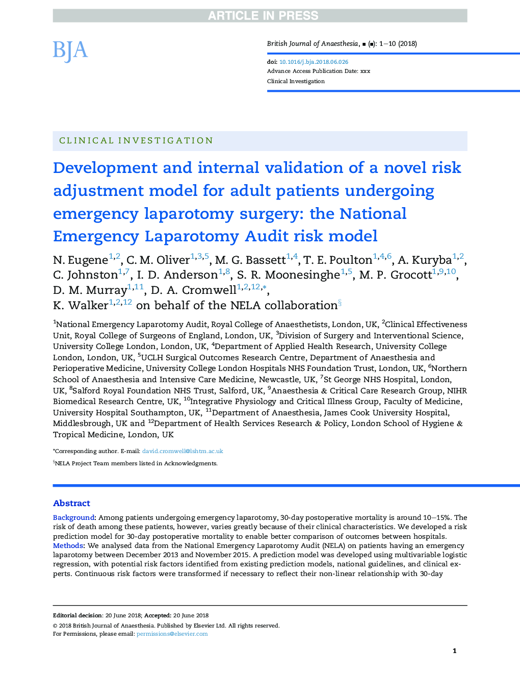 Development and internal validation of a novel risk adjustment model for adult patients undergoing emergency laparotomy surgery: the National Emergency Laparotomy Audit risk model
