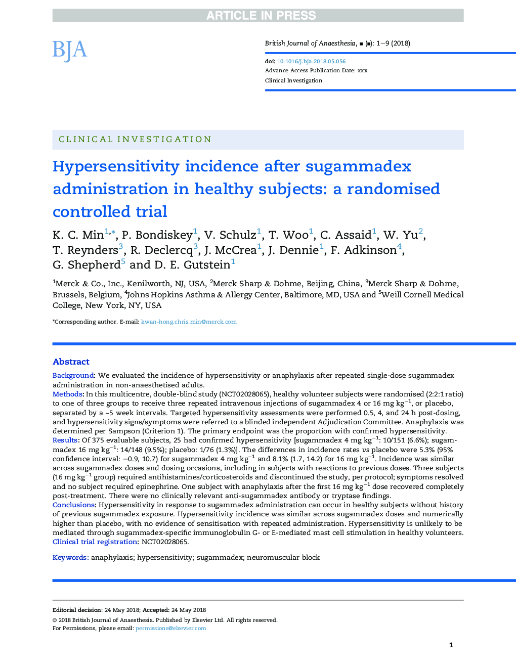 Hypersensitivity incidence after sugammadex administration in healthy subjects: aÂ randomised controlled trial