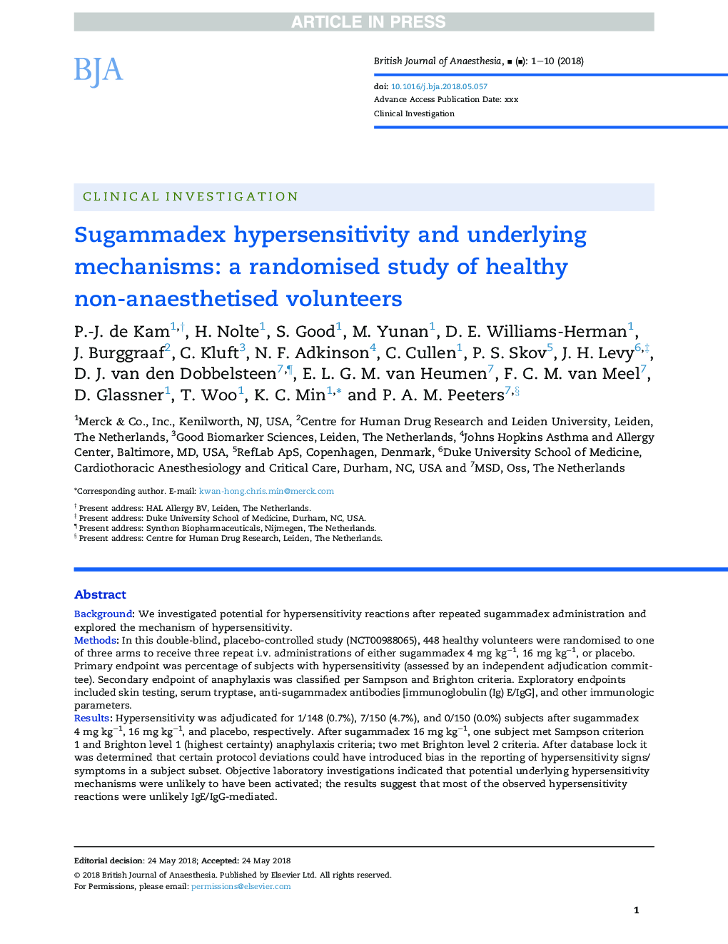 Sugammadex hypersensitivity and underlying mechanisms: a randomised study of healthy non-anaesthetised volunteers