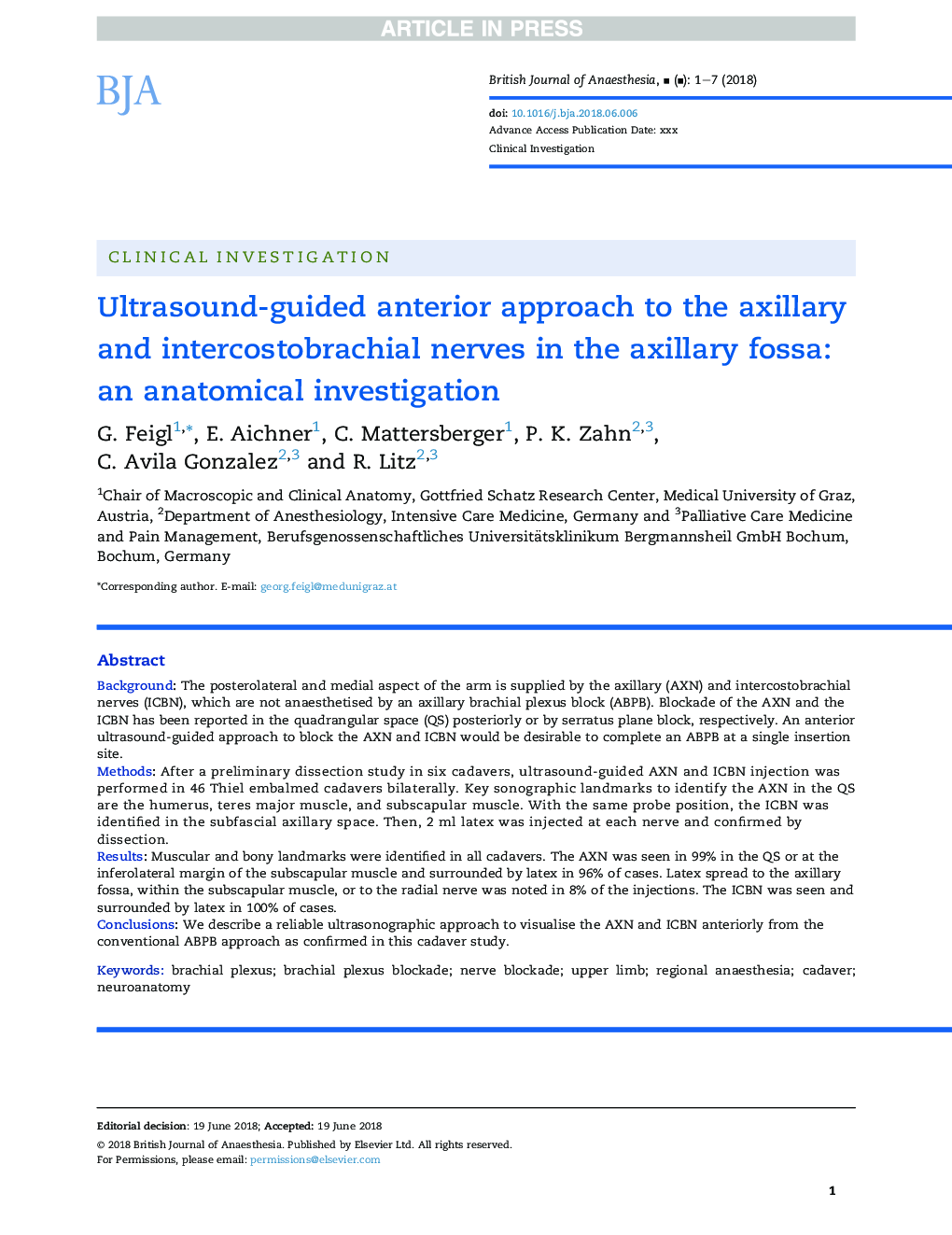 Ultrasound-guided anterior approach to the axillary and intercostobrachial nerves in the axillary fossa: an anatomical investigation
