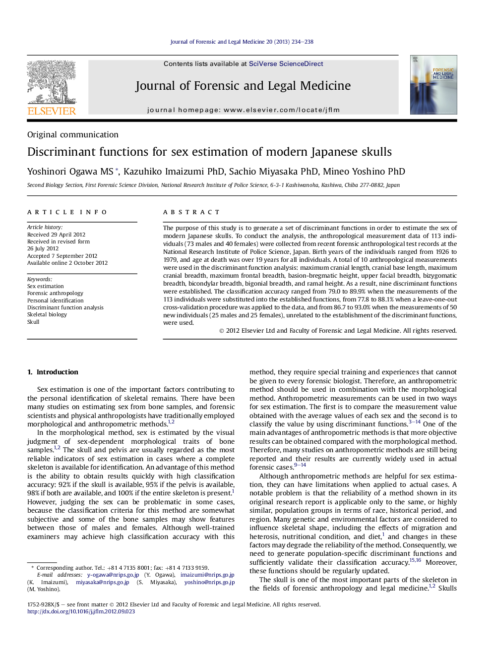 عکس صفحه اول مقاله: Discriminant functions for sex estimation of modern Japanese skulls Discriminant functions for sex estimation of modern Japanese skulls