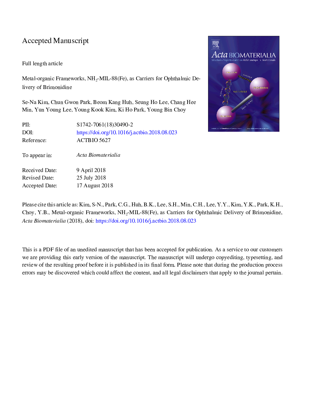 Metal-organic frameworks, NH2-MIL-88(Fe), as carriers for ophthalmic delivery of brimonidine