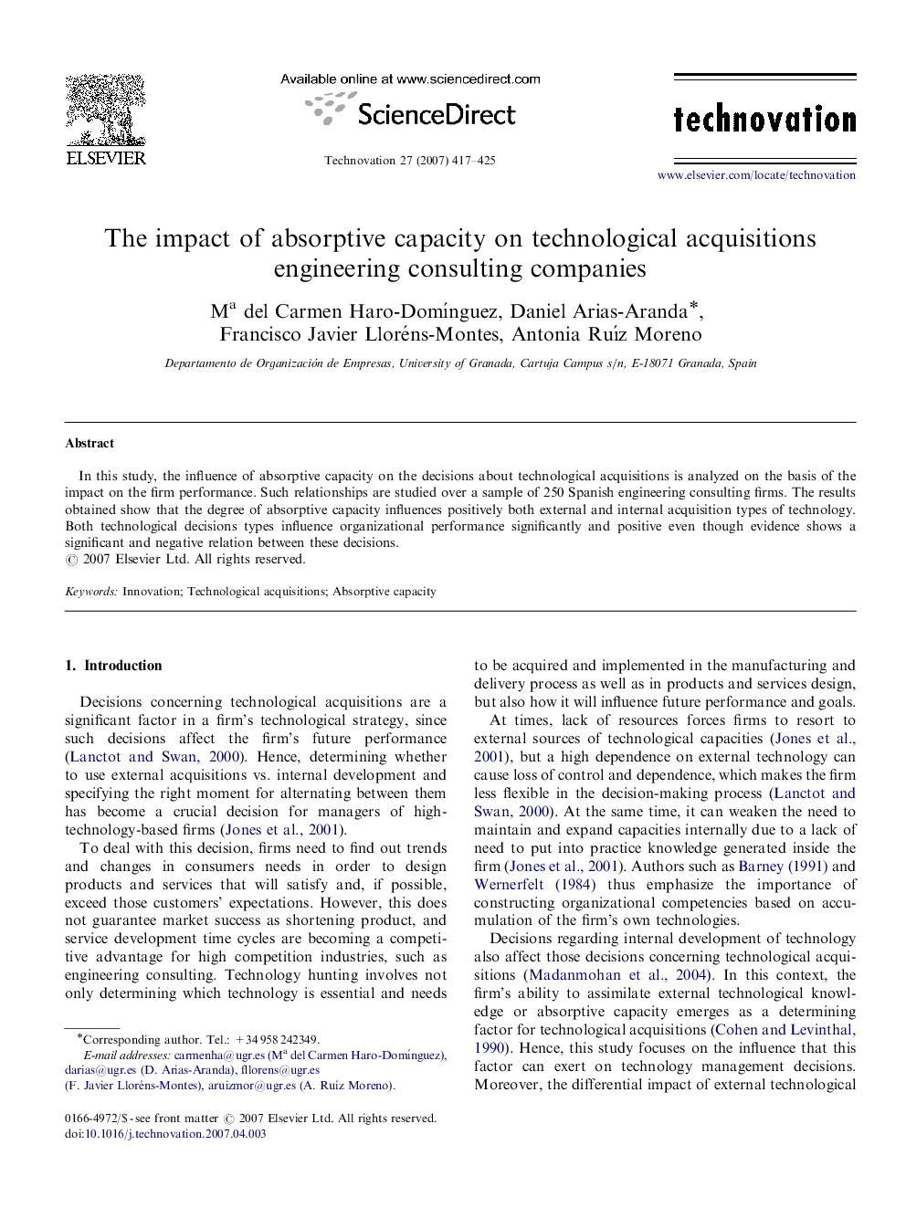 The impact of absorptive capacity on technological acquisitions engineering consulting companies