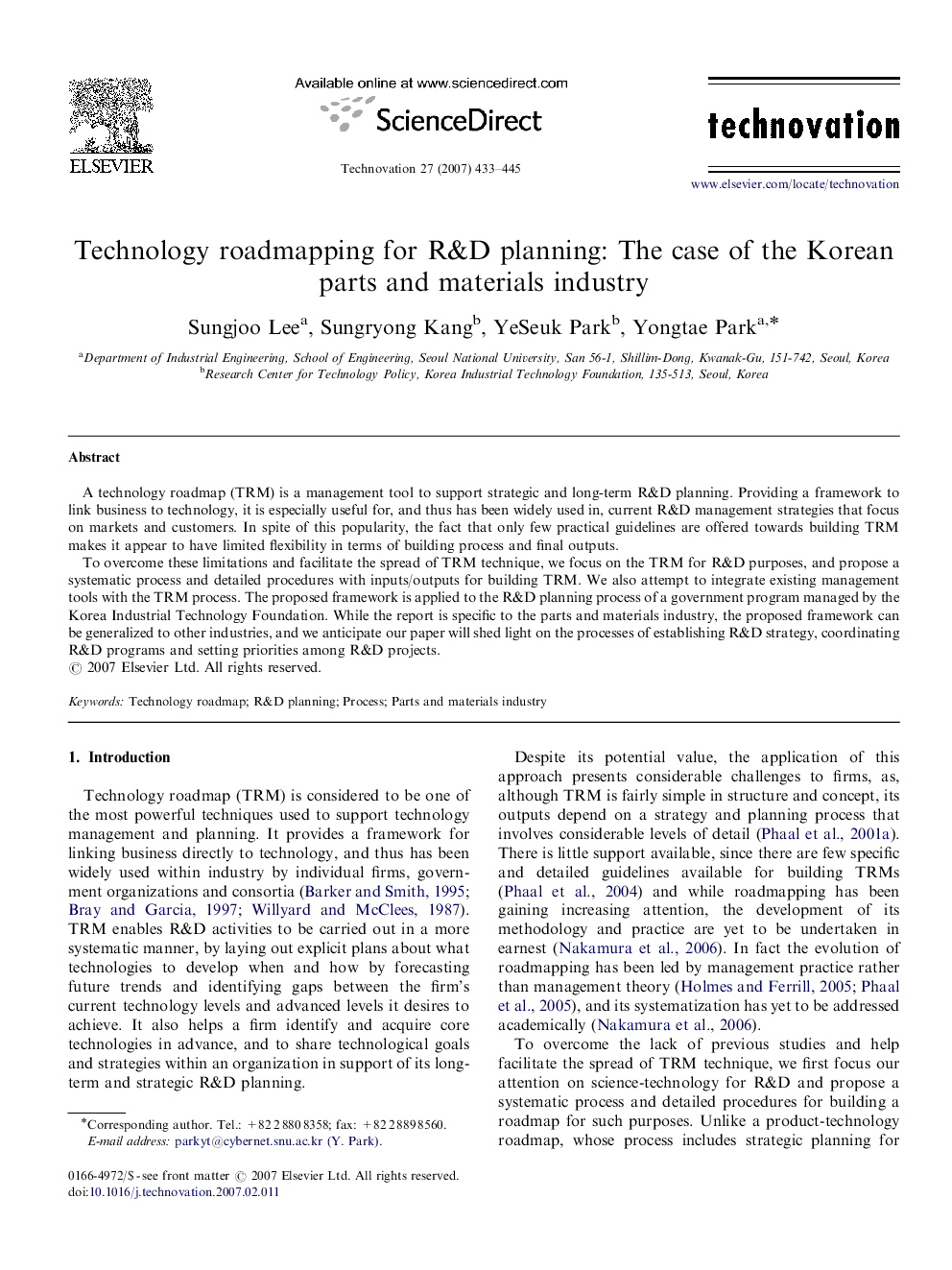 Technology roadmapping for R&D planning: The case of the Korean parts and materials industry