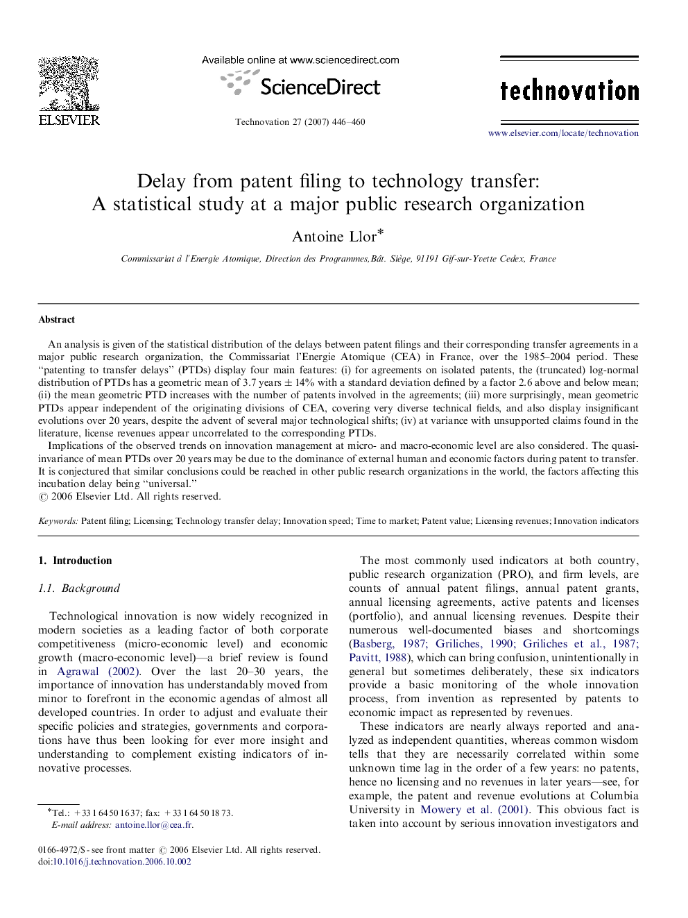 Delay from patent filing to technology transfer: A statistical study at a major public research organization