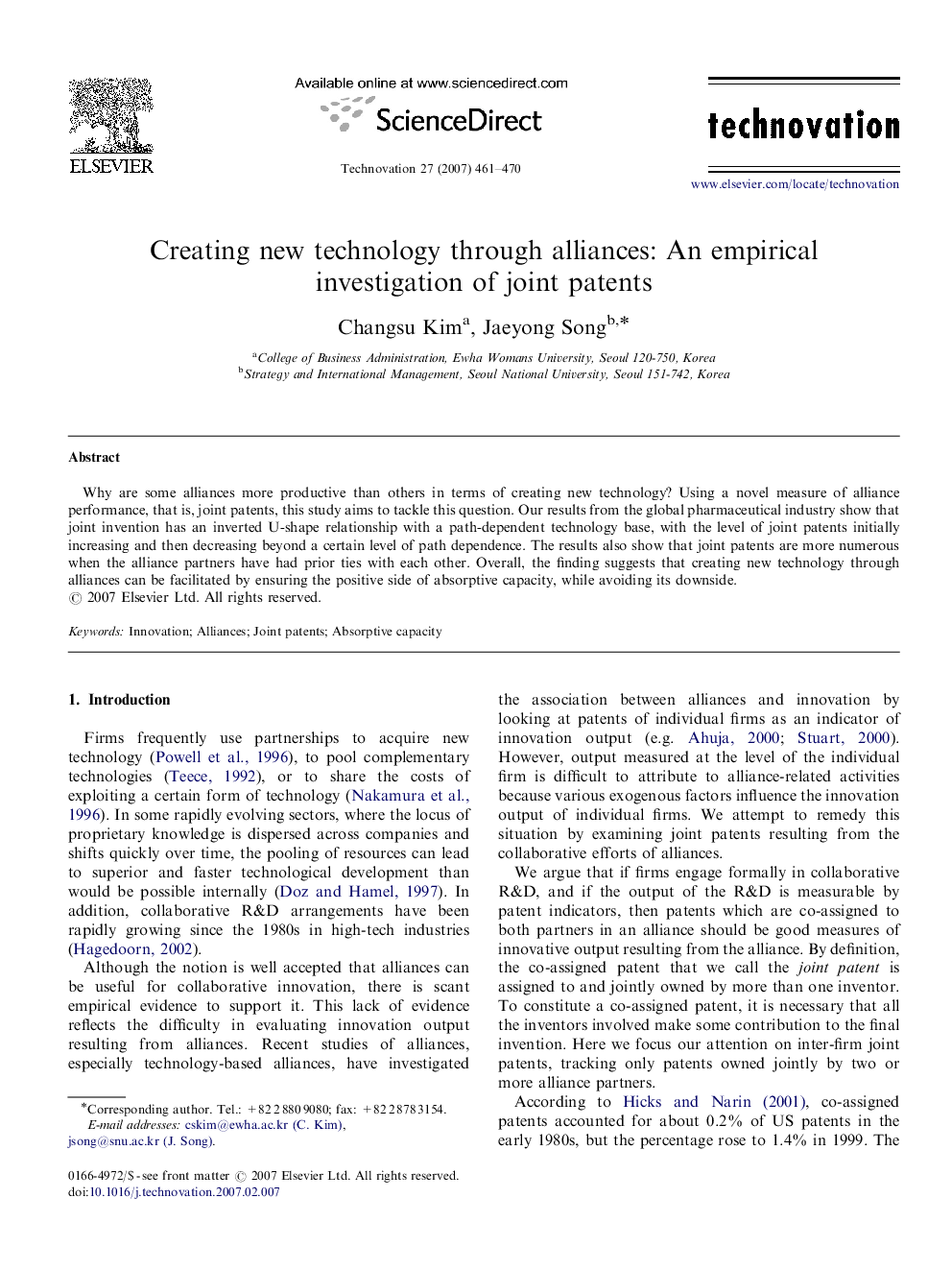 Creating new technology through alliances: An empirical investigation of joint patents