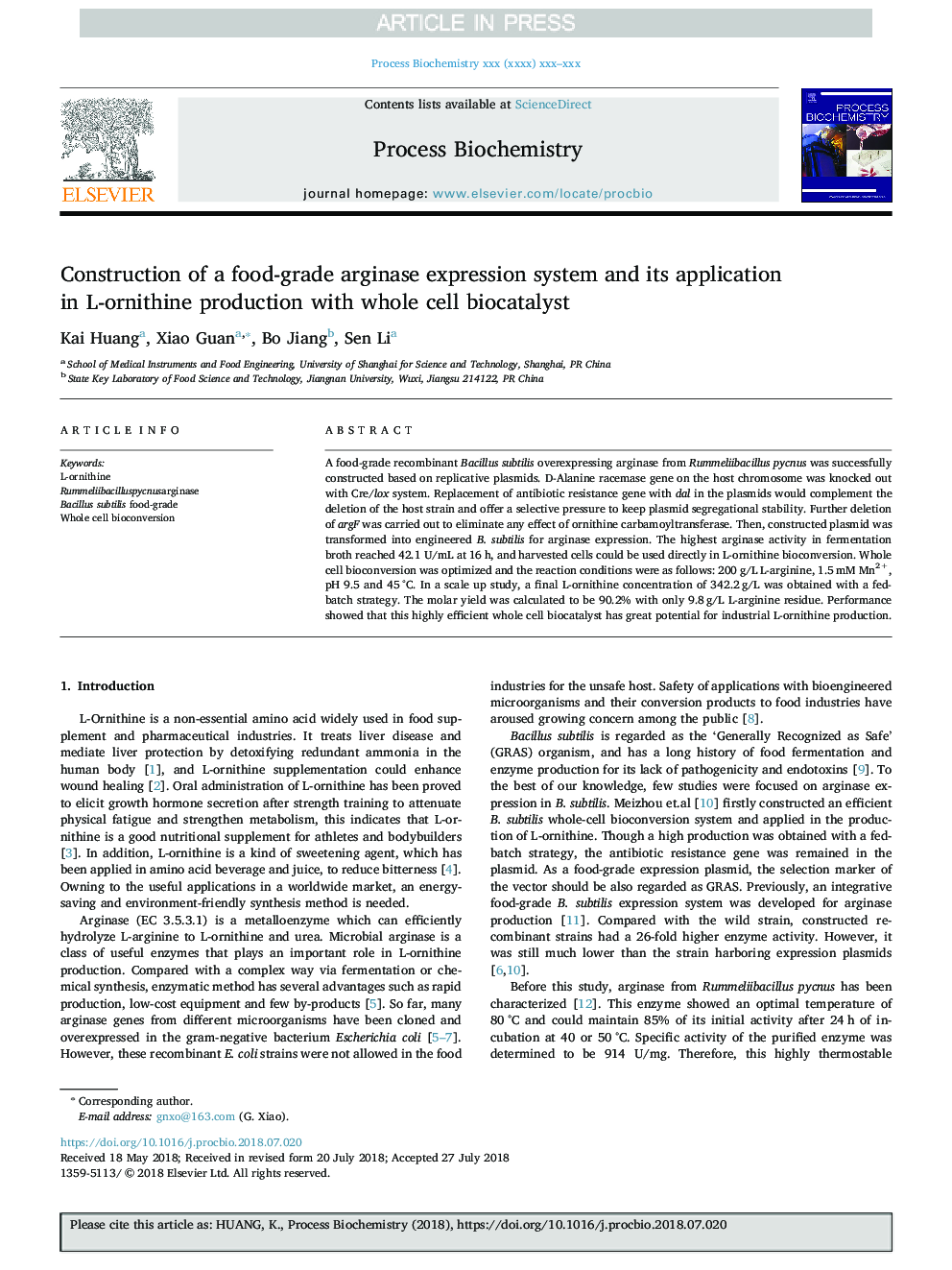 Construction of a food-grade arginase expression system and its application in L-ornithine production with whole cell biocatalyst