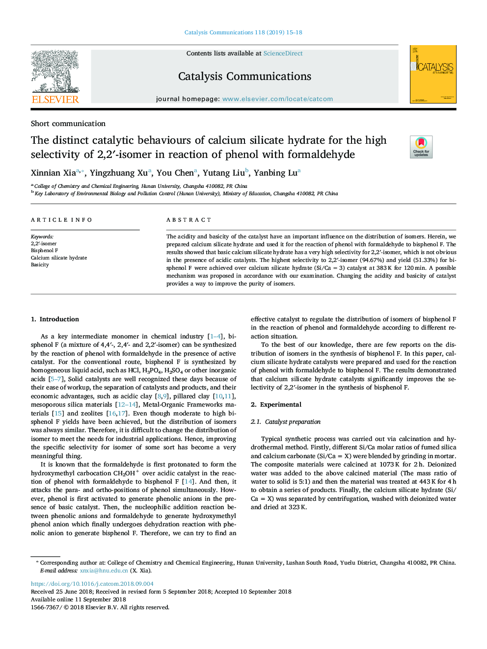 The distinct catalytic behaviours of calcium silicate hydrate for the high selectivity of 2,2â²-isomer in reaction of phenol with formaldehyde