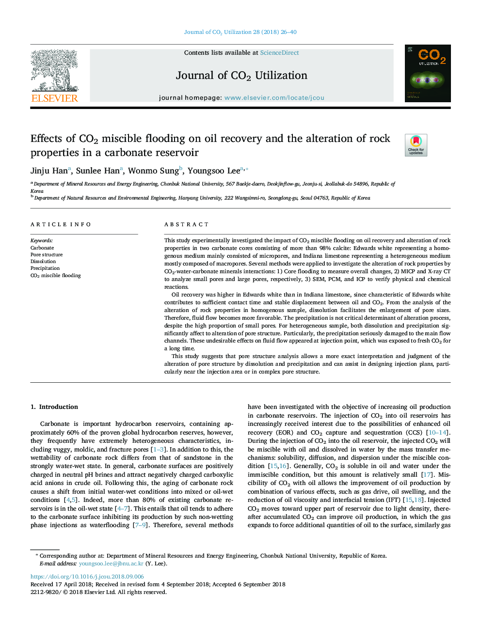 Effects of CO2 miscible flooding on oil recovery and the alteration of rock properties in a carbonate reservoir