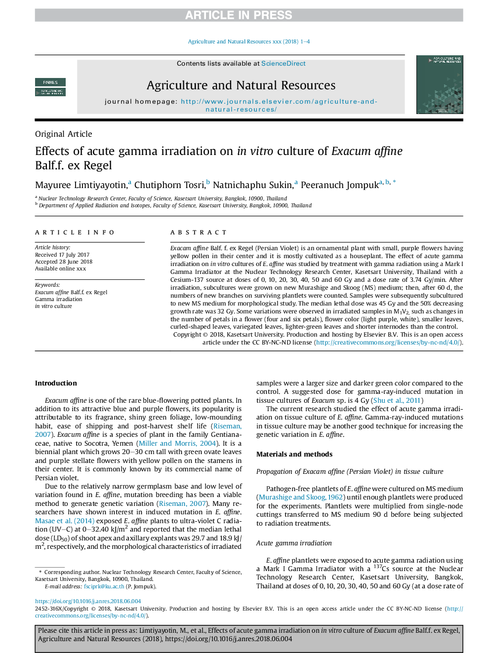 Effects of acute gamma irradiation on inÂ vitro culture of Exacum affine Balf.f. ex Regel