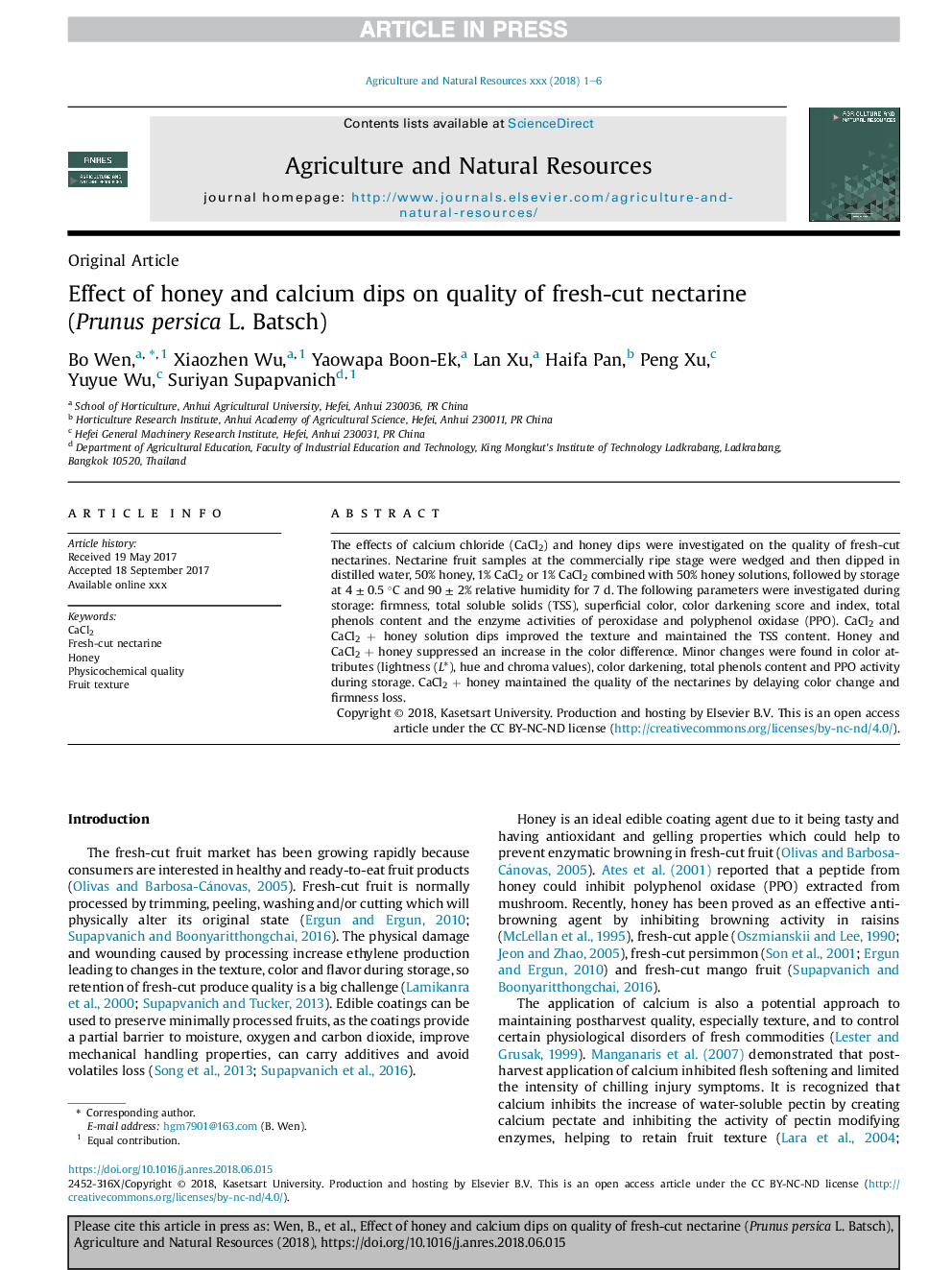 Effect of honey and calcium dips on quality of fresh-cut nectarine (Prunus persica L. Batsch)