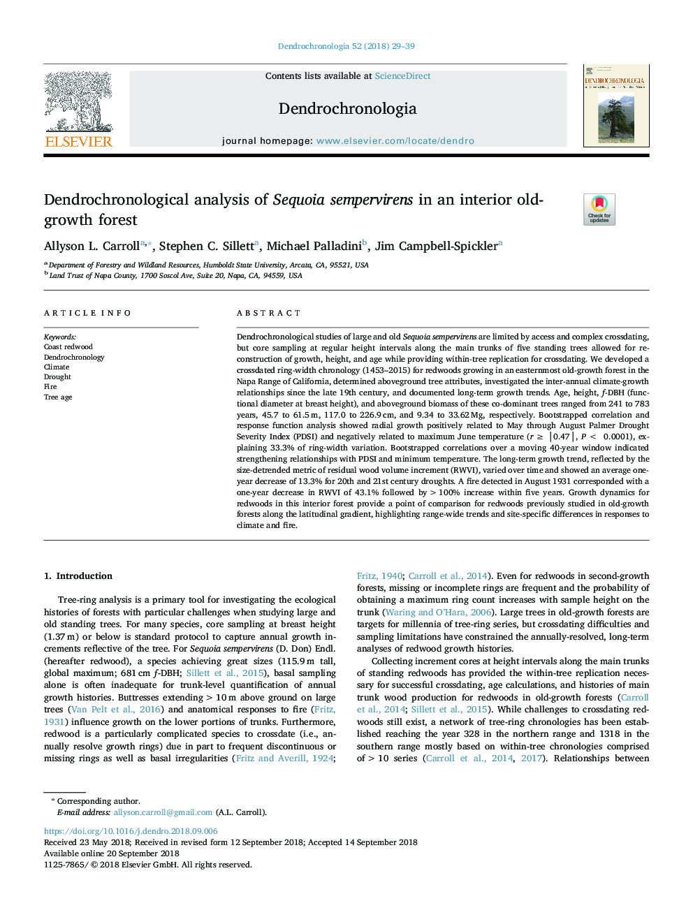 Dendrochronological analysis of Sequoia sempervirens in an interior old-growth forest