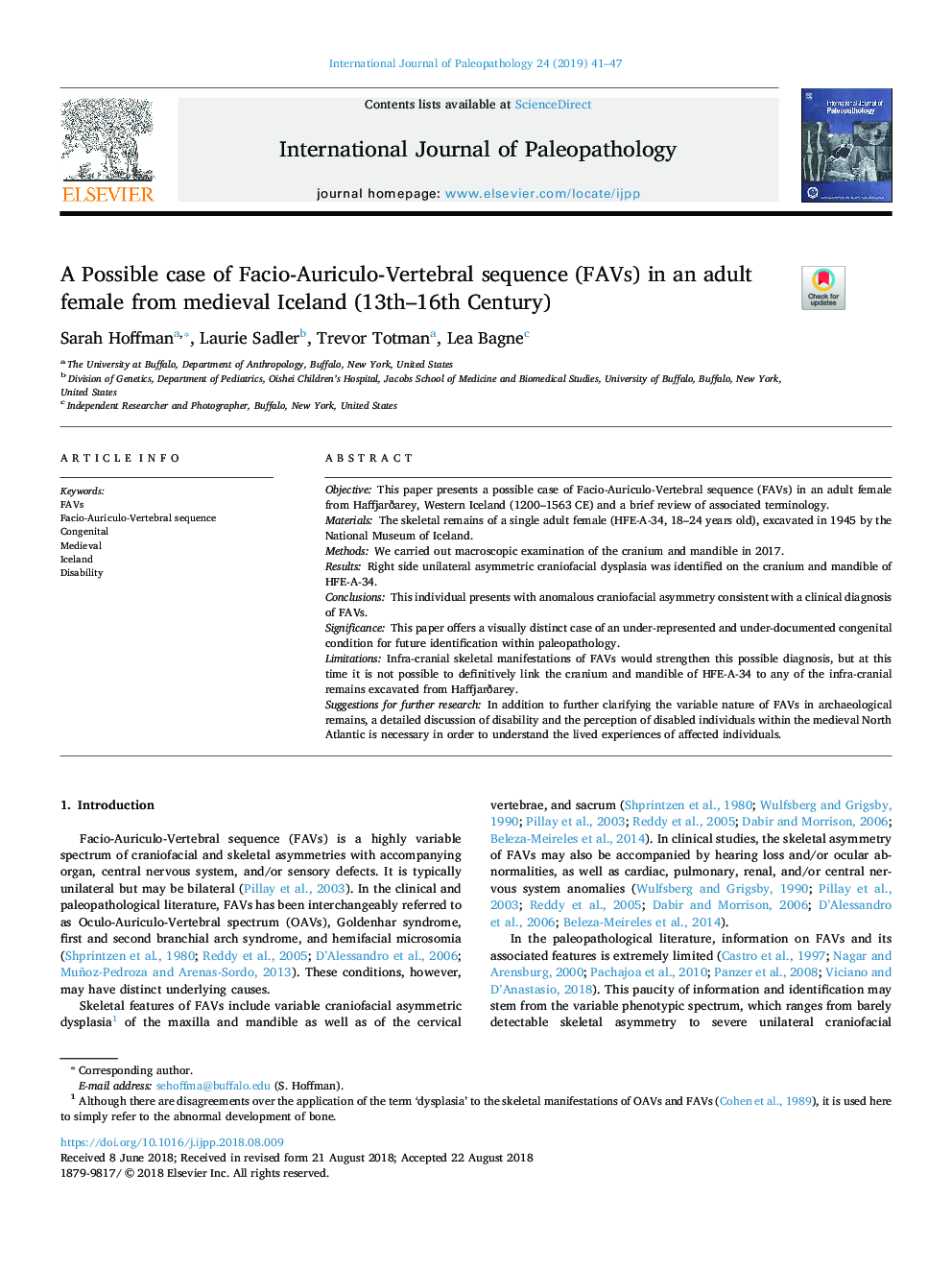 A Possible case of Facio-Auriculo-Vertebral sequence (FAVs) in an adult female from medieval Iceland (13th-16th Century)