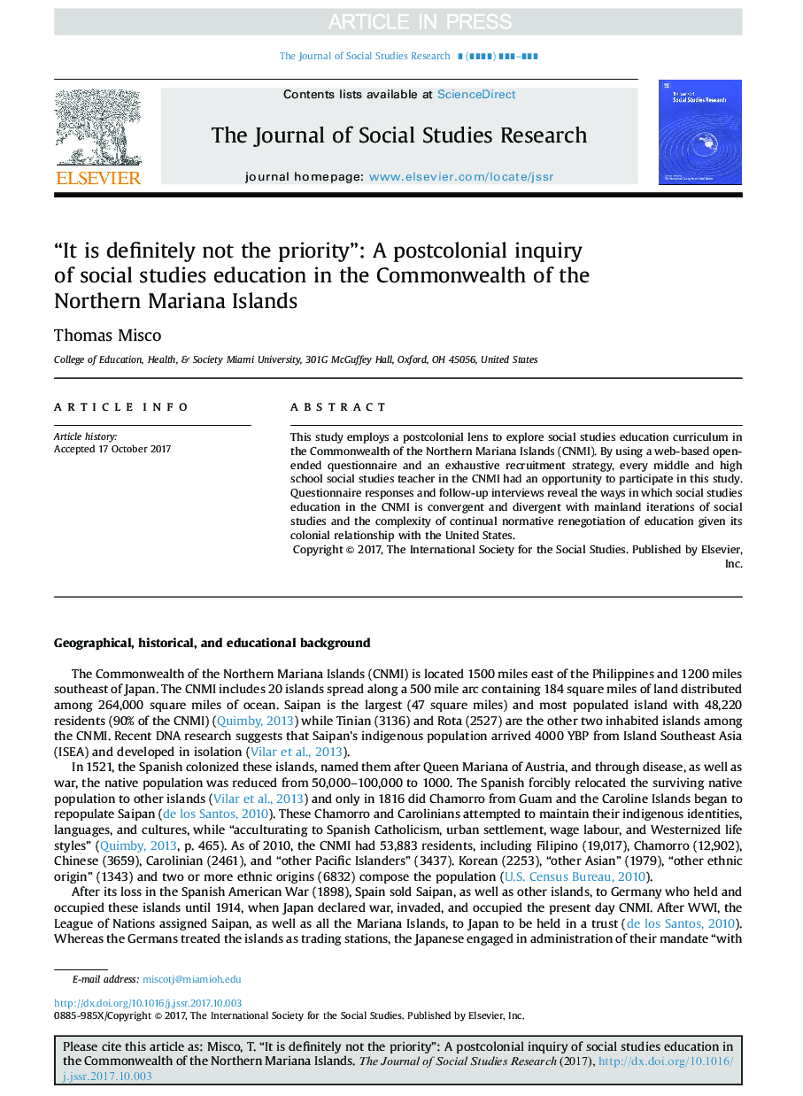 “It is definitely not the priority”: A postcolonial inquiry of social studies education in the Commonwealth of the Northern Mariana Islands