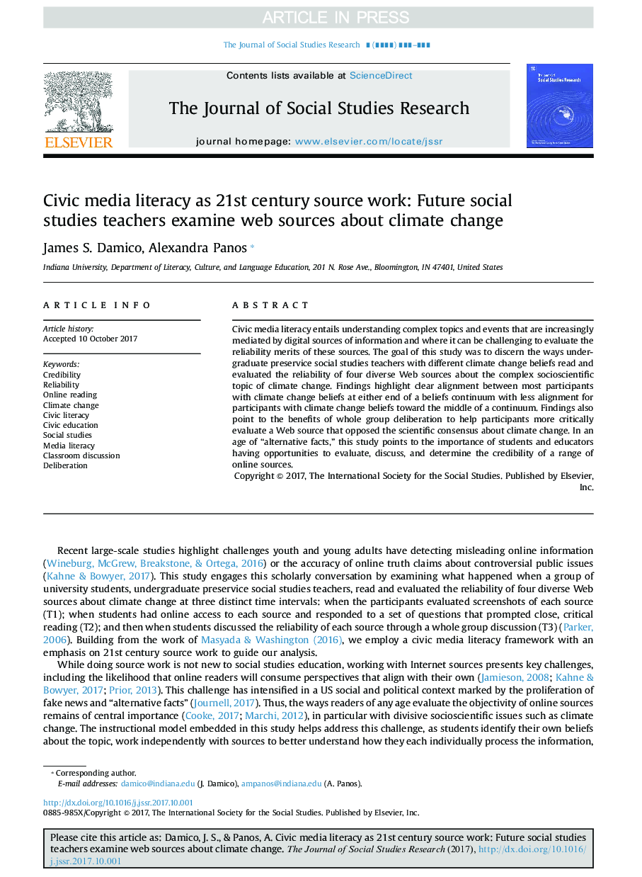 Civic media literacy as 21st century source work: Future social studies teachers examine web sources about climate change