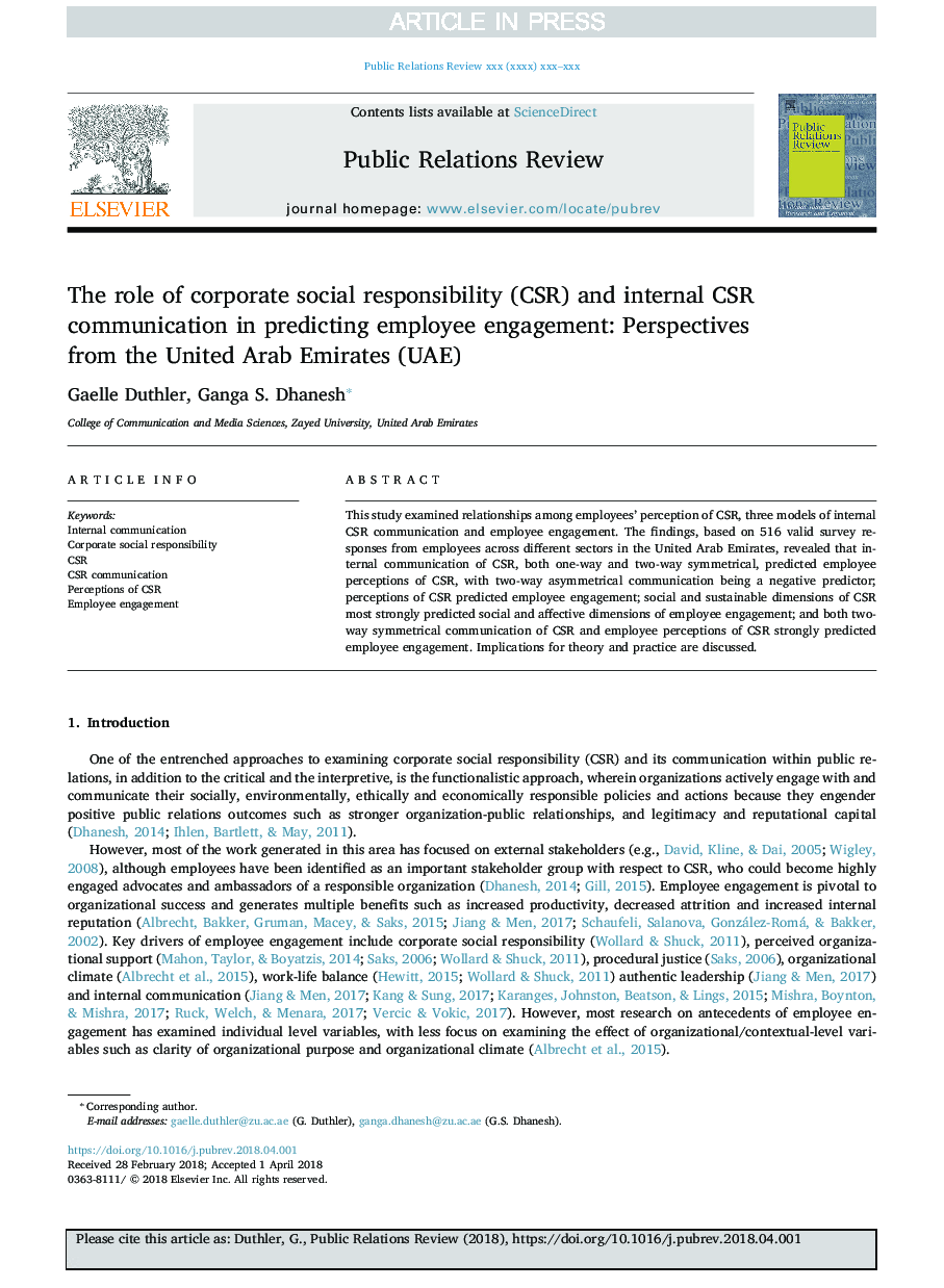 نقش مسئولیت اجتماعی شرکتی (CSR) و ارتباطات داخلی CSR در پیش بینی مشارکت کارکنان: دیدگاه های امارات متحده عربی (امارات متحده عربی)