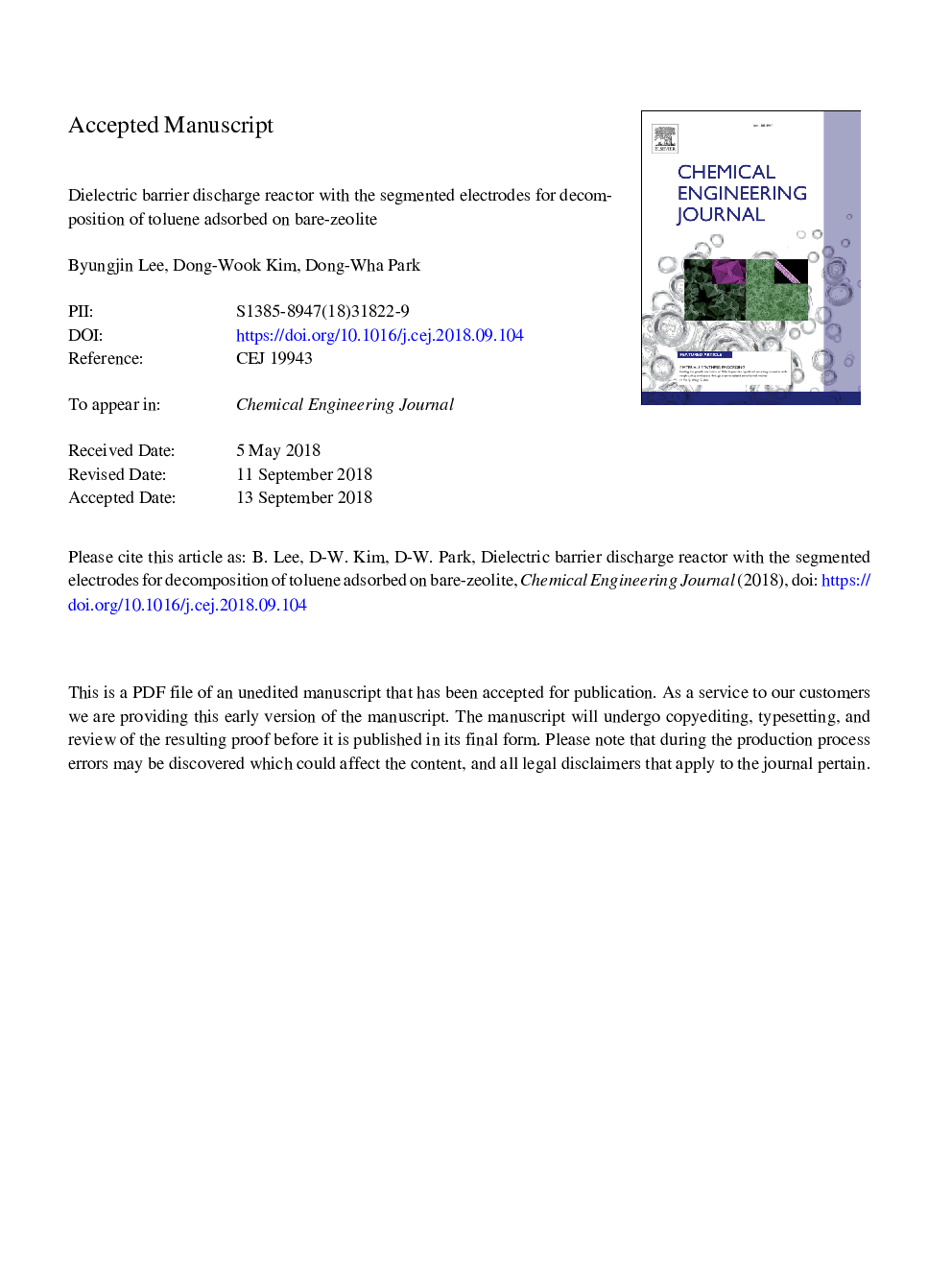 Dielectric barrier discharge reactor with the segmented electrodes for decomposition of toluene adsorbed on bare-zeolite