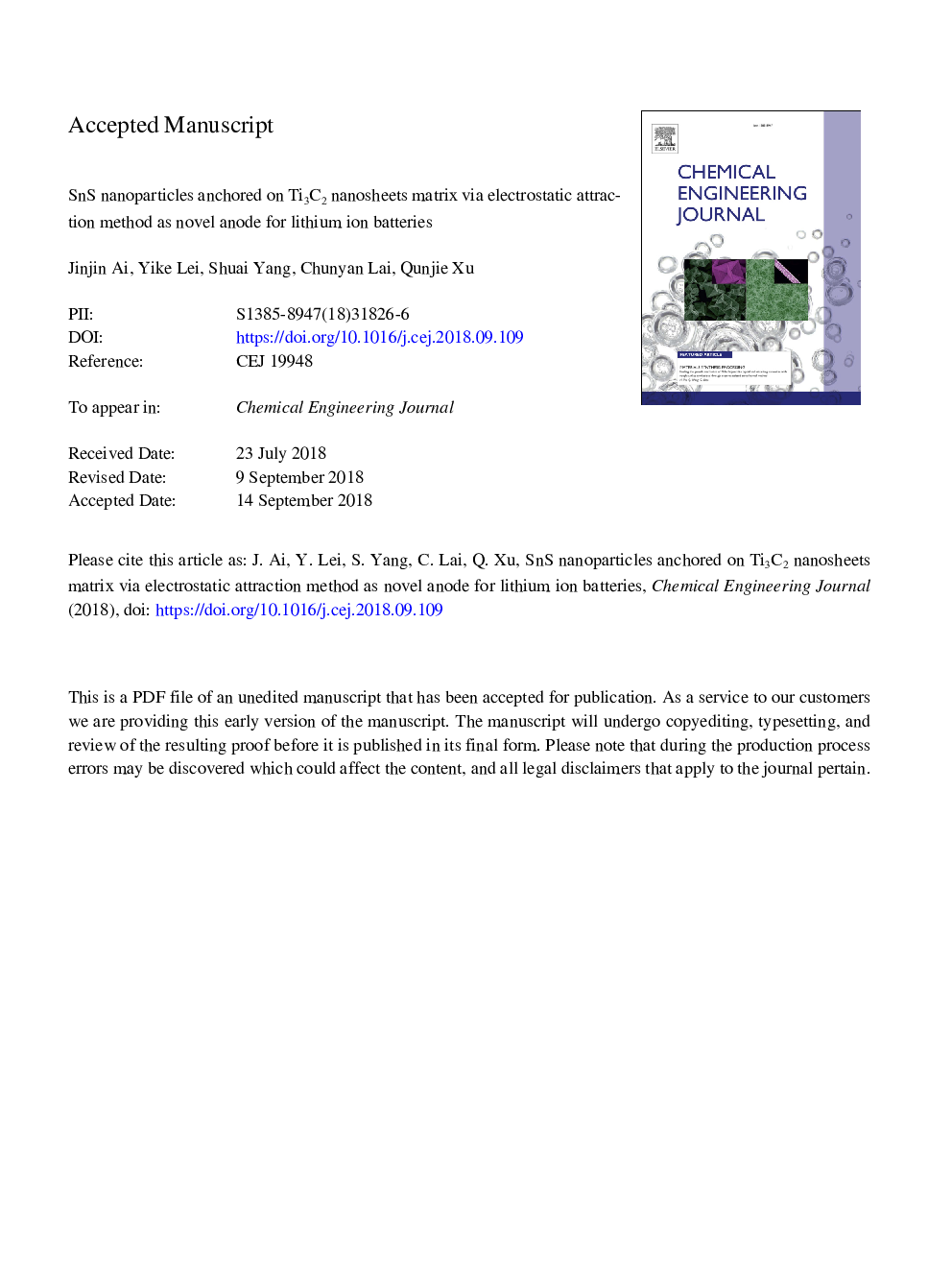 SnS nanoparticles anchored on Ti3C2 nanosheets matrix via electrostatic attraction method as novel anode for lithium ion batteries