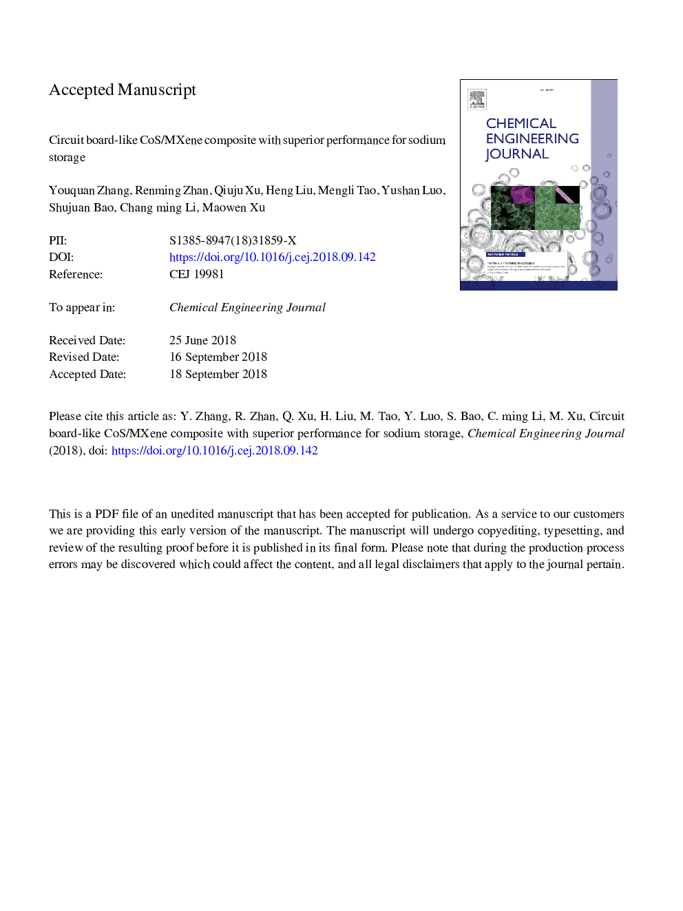 عکس صفحه اول مقاله: â¯Circuit board-like CoS/MXene composite with superior performance for sodium storage â¯Circuit board-like CoS/MXene composite with superior performance for sodium storage