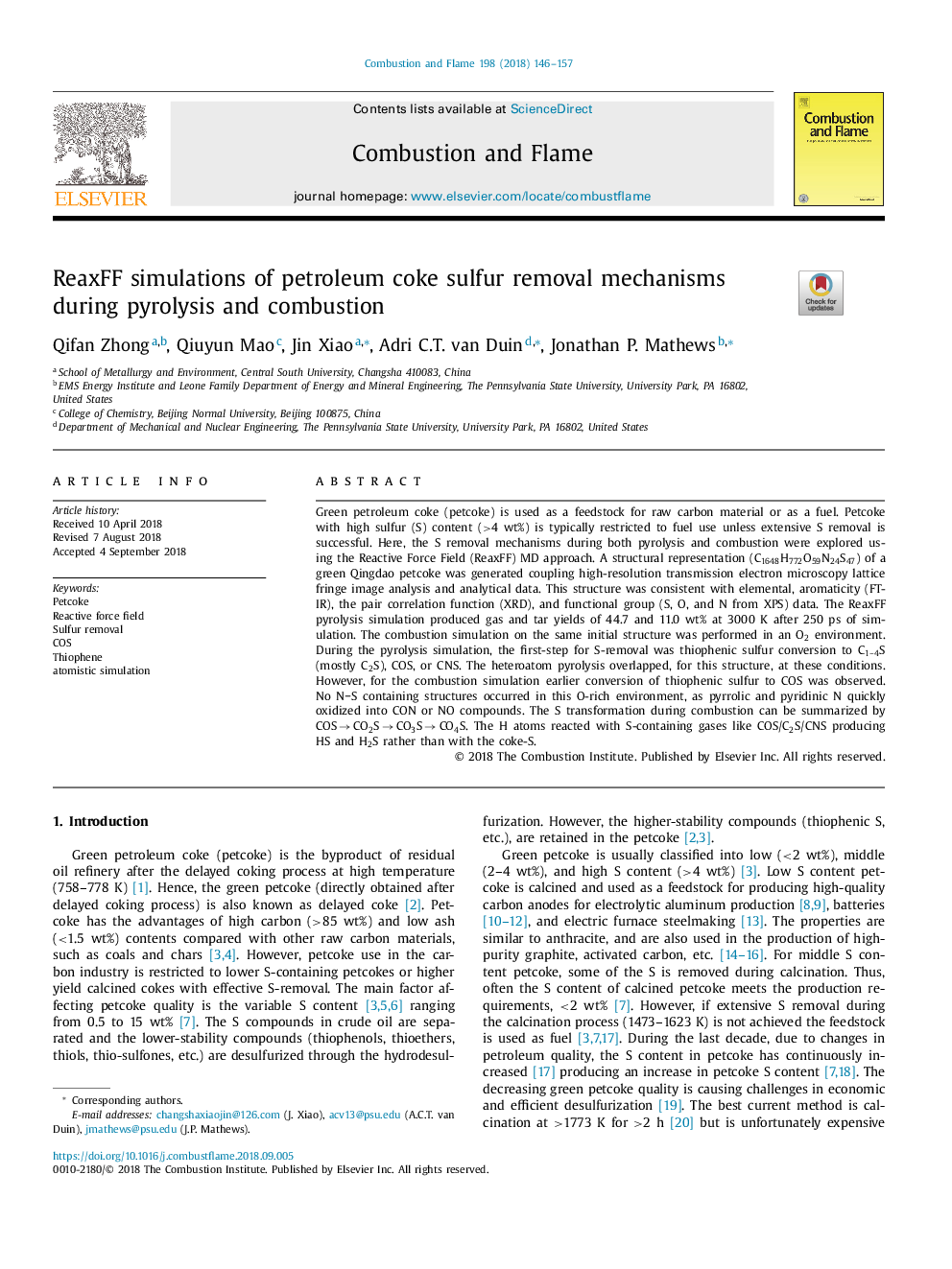 ReaxFF simulations of petroleum coke sulfur removal mechanisms during pyrolysis and combustion