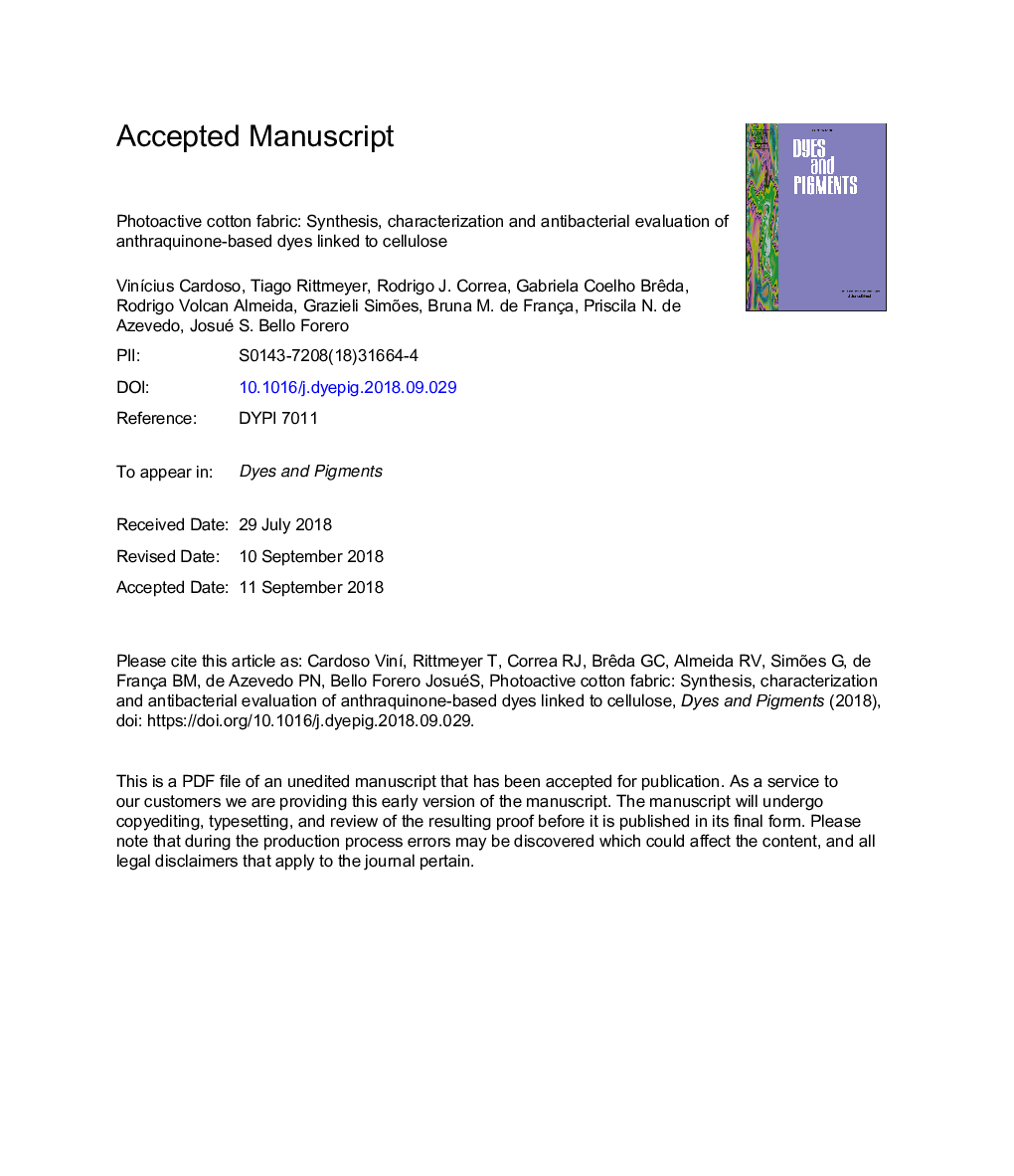 Photoactive cotton fabric: Synthesis, characterization and antibacterial evaluation of anthraquinone-based dyes linked to cellulose