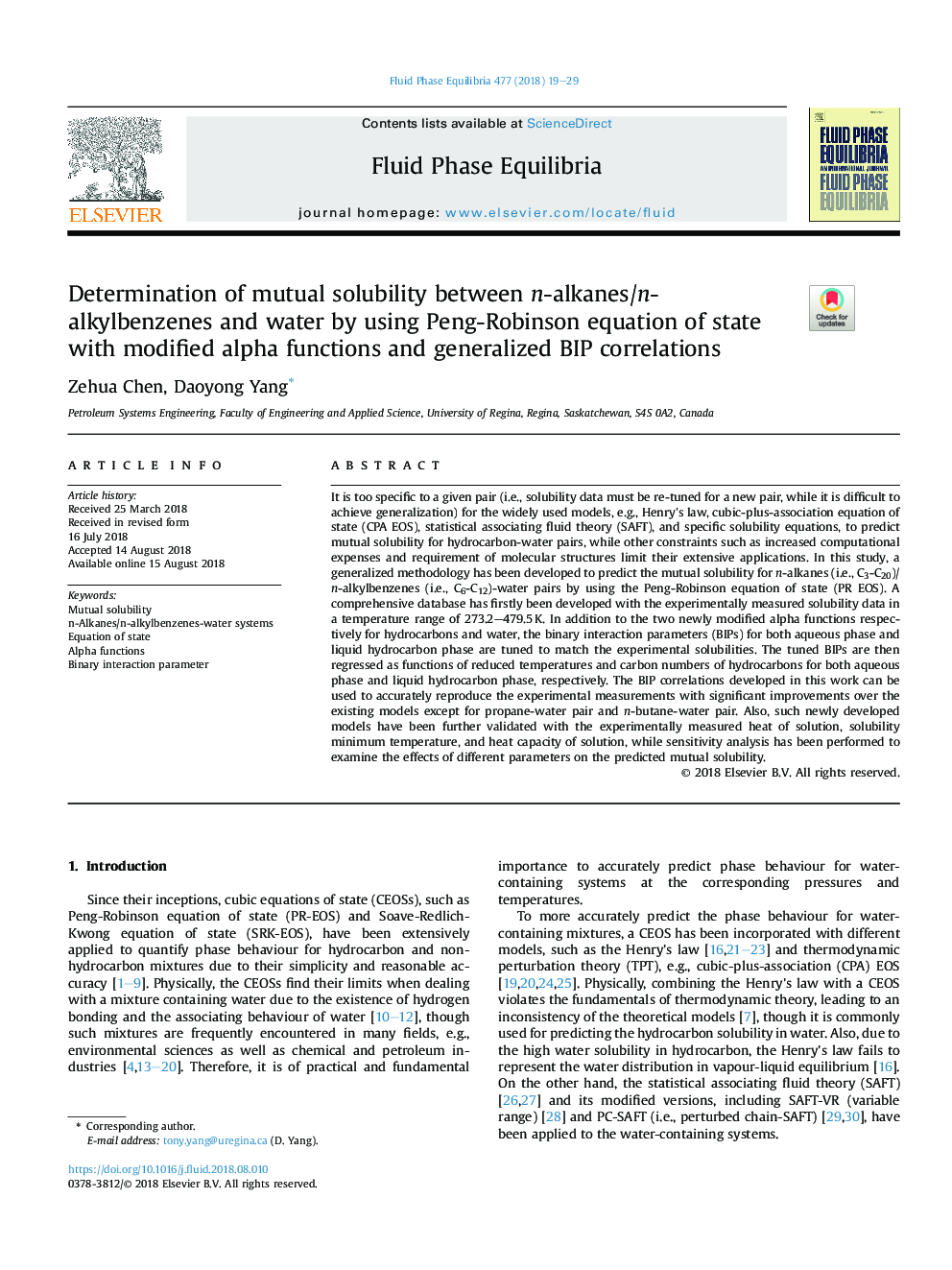 Determination of mutual solubility between n-alkanes/n-alkylbenzenes and water by using Peng-Robinson equation of state with modified alpha functions and generalized BIP correlations