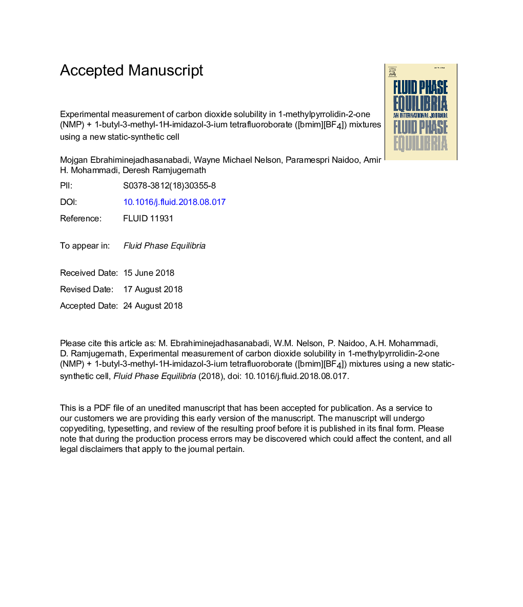 Experimental measurement of carbon dioxide solubility in 1-methylpyrrolidin-2-one (NMP)Â + 1-butyl-3-methyl-1H-imidazol-3-ium tetrafluoroborate ([bmim][BF4]) mixtures using a new static-synthetic cell