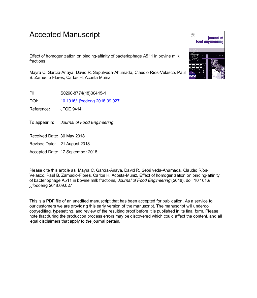 Effect of homogenization on binding-affinity of bacteriophage A511 in bovine milk fractions