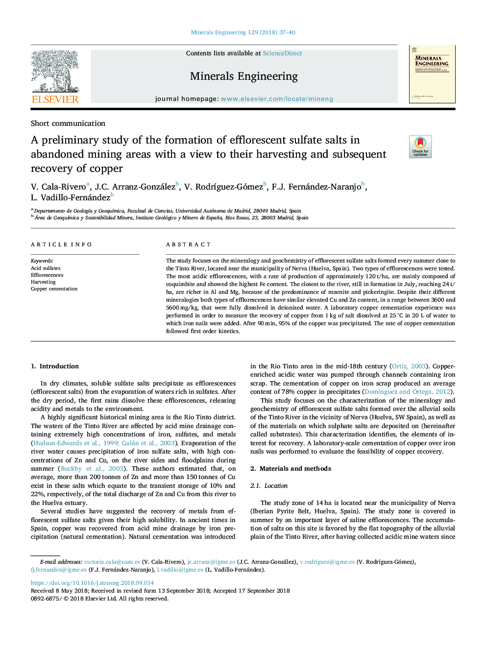 A preliminary study of the formation of efflorescent sulfate salts in abandoned mining areas with a view to their harvesting and subsequent recovery of copper