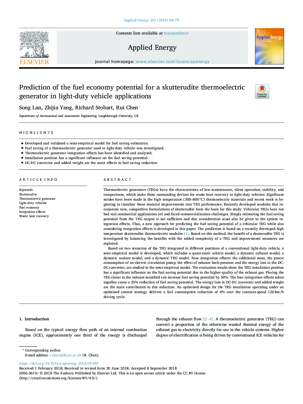 Prediction of the fuel economy potential for a skutterudite thermoelectric generator in light-duty vehicle applications