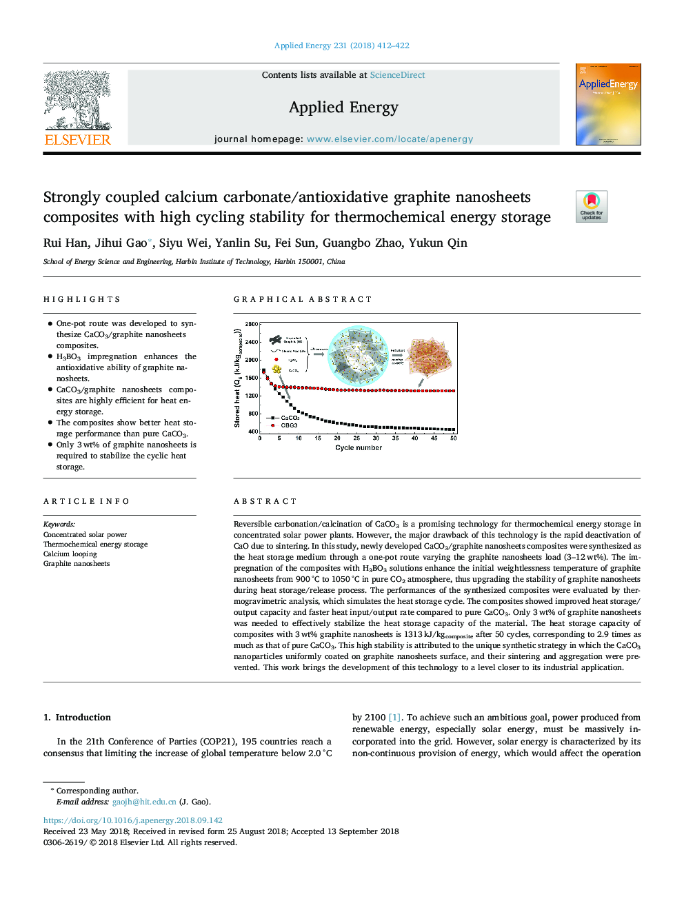 Strongly coupled calcium carbonate/antioxidative graphite nanosheets composites with high cycling stability for thermochemical energy storage