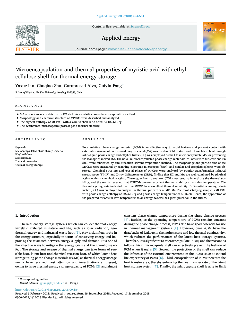 Microencapsulation and thermal properties of myristic acid with ethyl cellulose shell for thermal energy storage