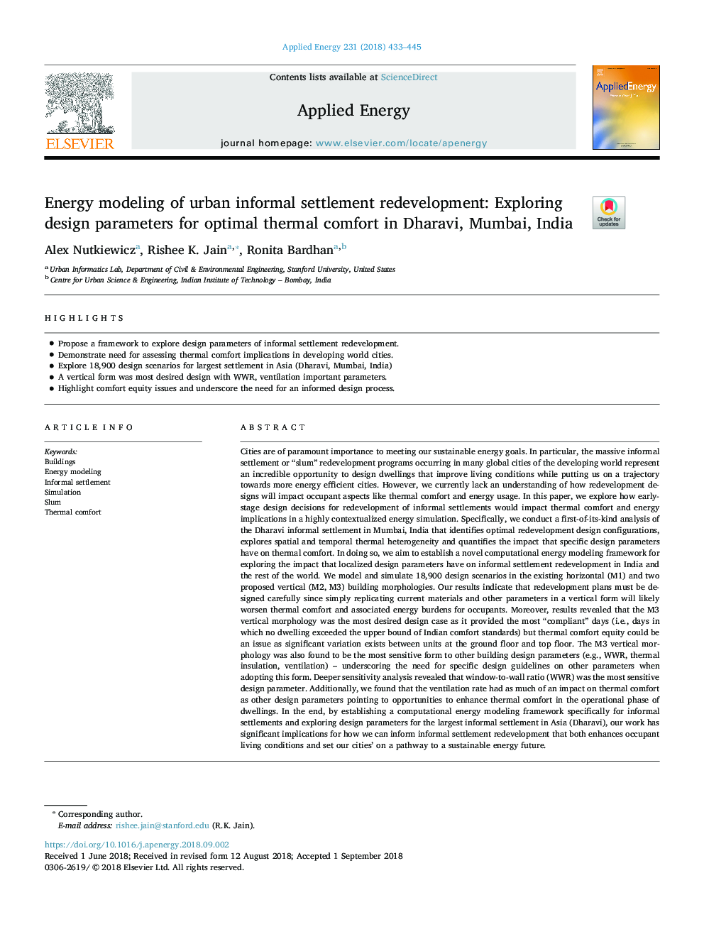 Energy modeling of urban informal settlement redevelopment: Exploring design parameters for optimal thermal comfort in Dharavi, Mumbai, India