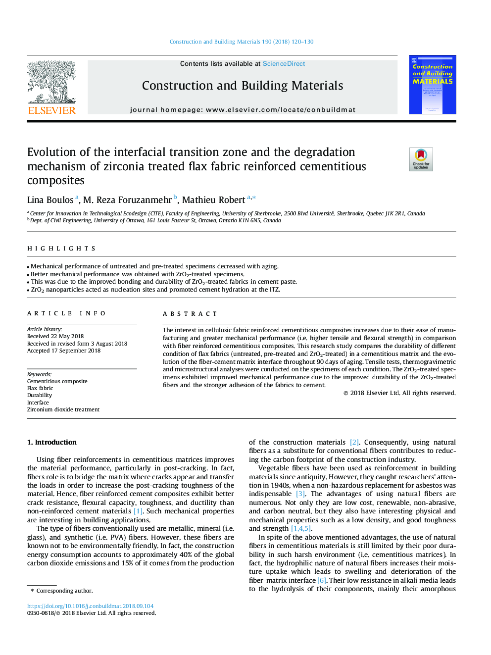 Evolution of the interfacial transition zone and the degradation mechanism of zirconia treated flax fabric reinforced cementitious composites