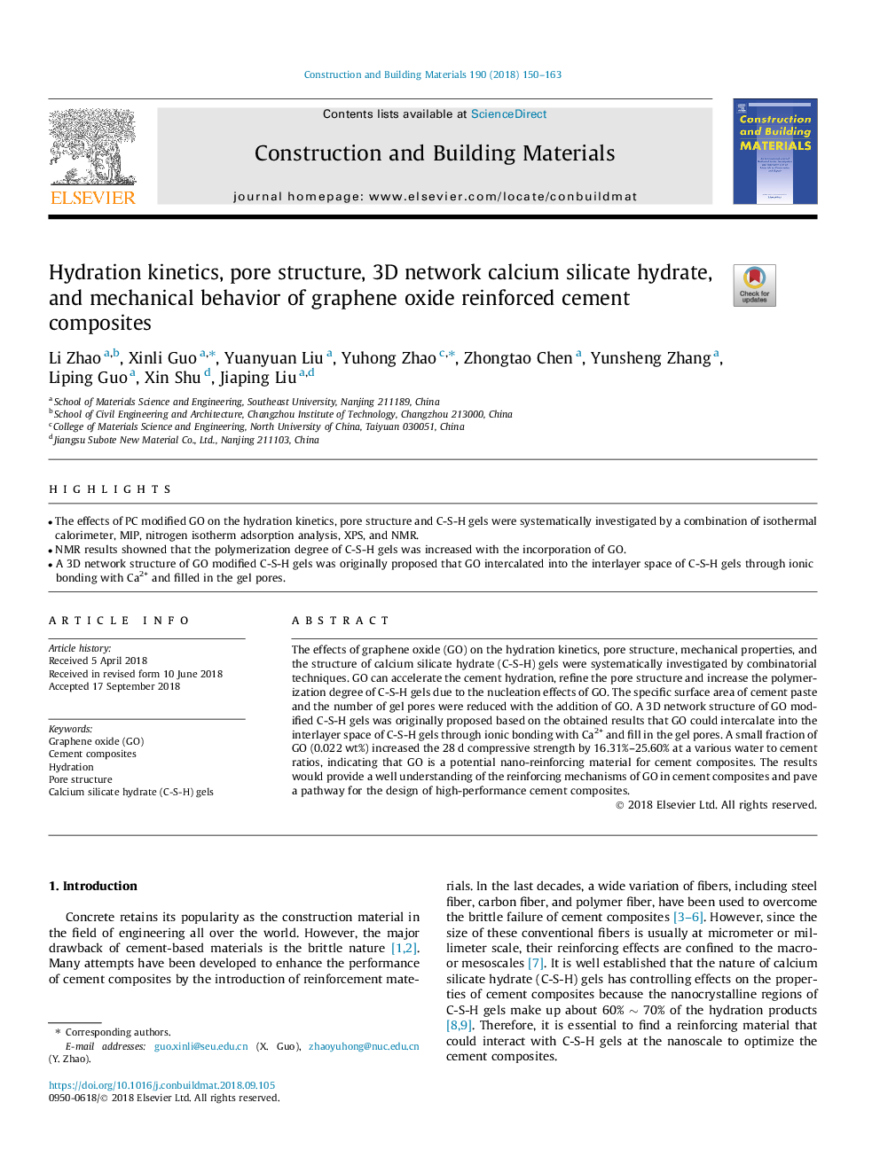 Hydration kinetics, pore structure, 3D network calcium silicate hydrate, and mechanical behavior of graphene oxide reinforced cement composites