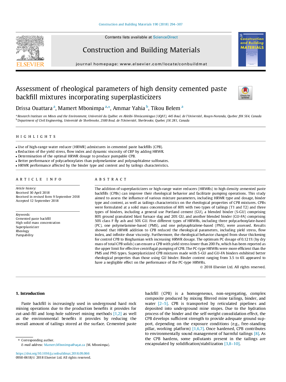 Assessment of rheological parameters of high density cemented paste backfill mixtures incorporating superplasticizers