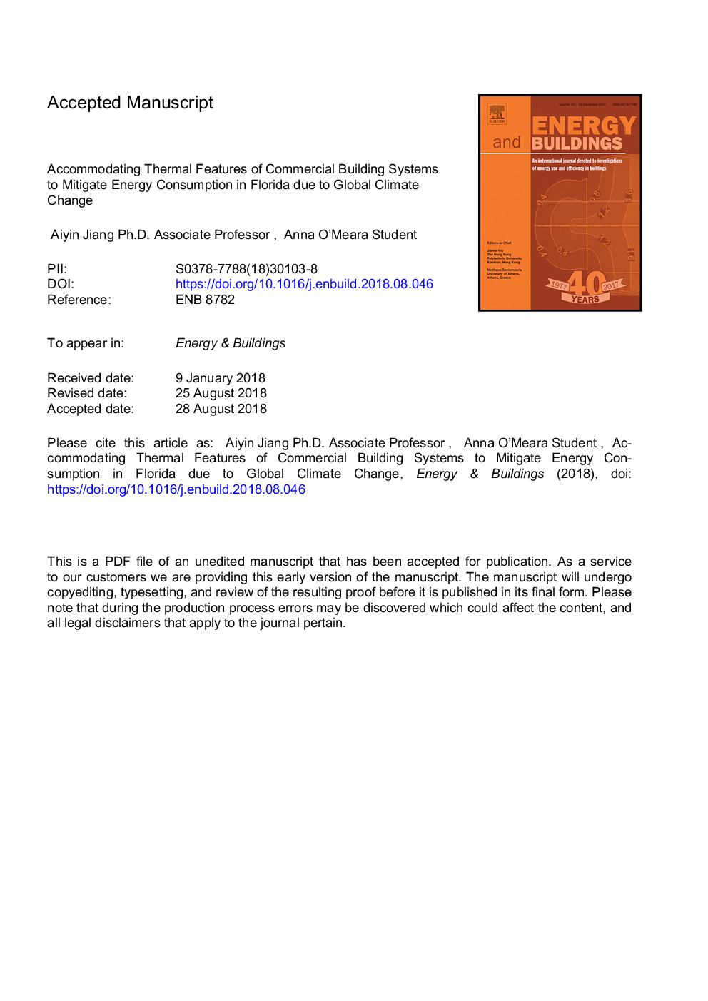 Accommodating thermal features of commercial building systems to mitigate energy consumption in Florida due to global climate change